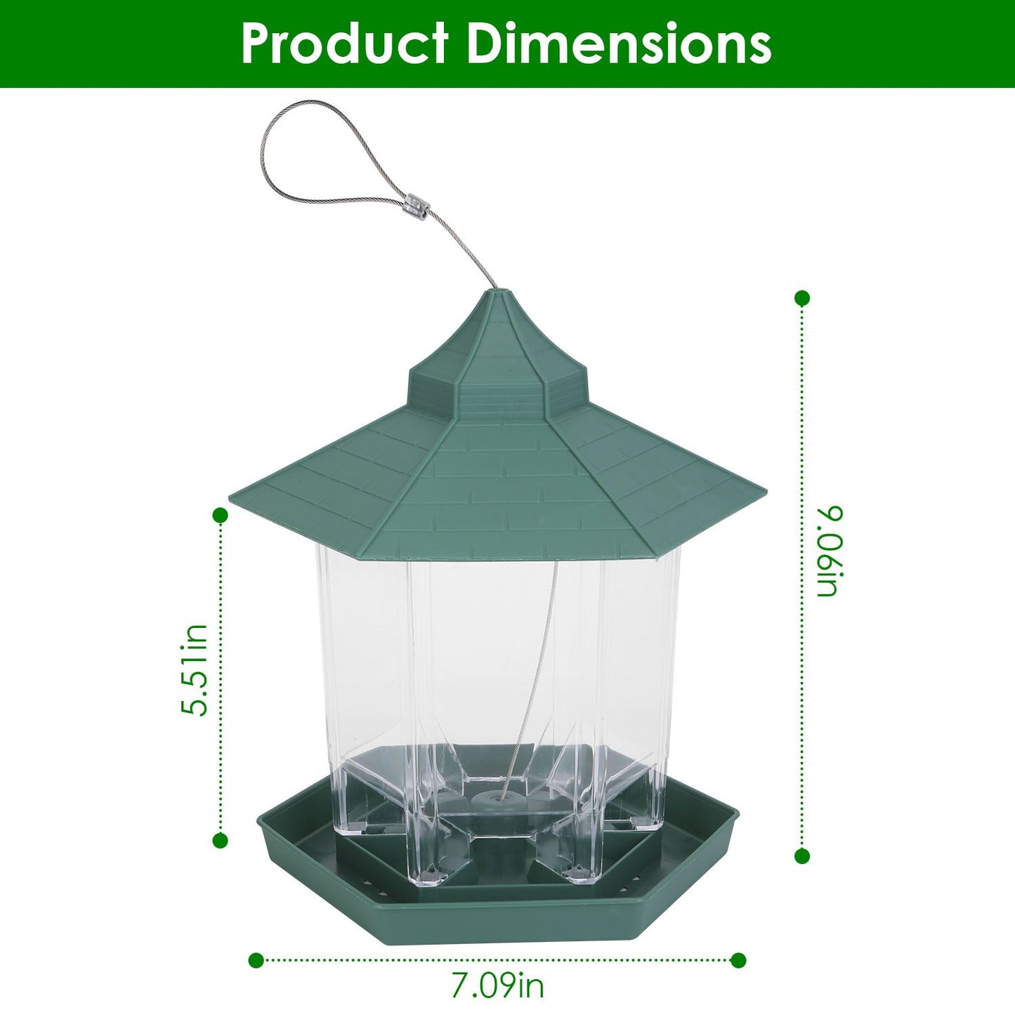 Dimension diagram of gazebo bird feeder with height and width measurements