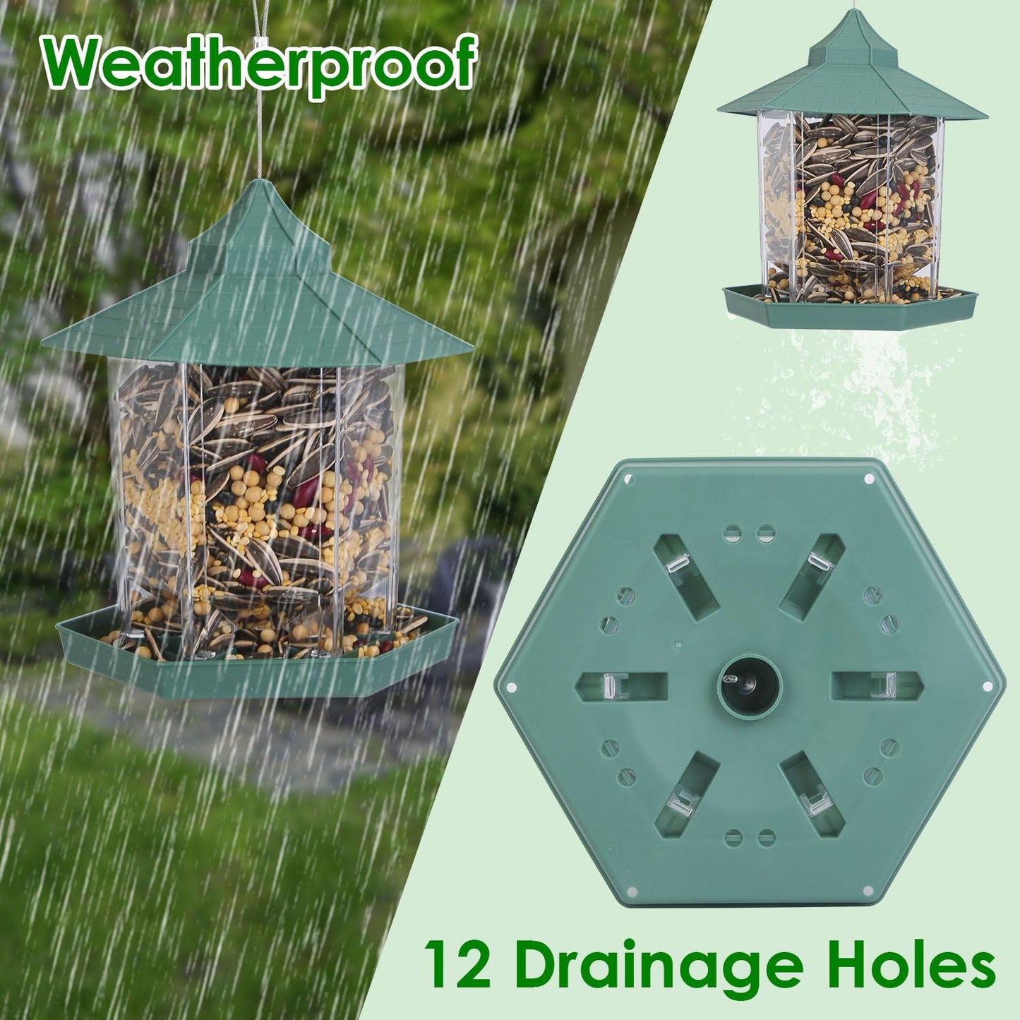 Feeder roof shedding rain and hexagonal base showing 12 drainage holes for weatherproofing