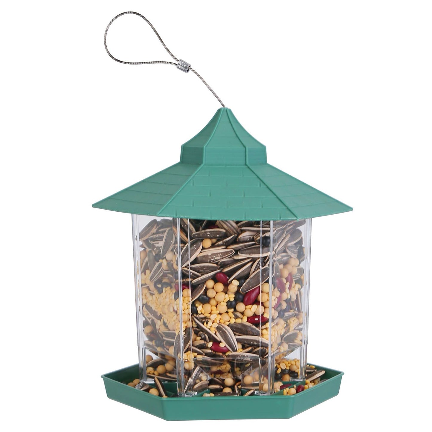 Front studio image of green-roof gazebo bird feeder filled with mixed seeds