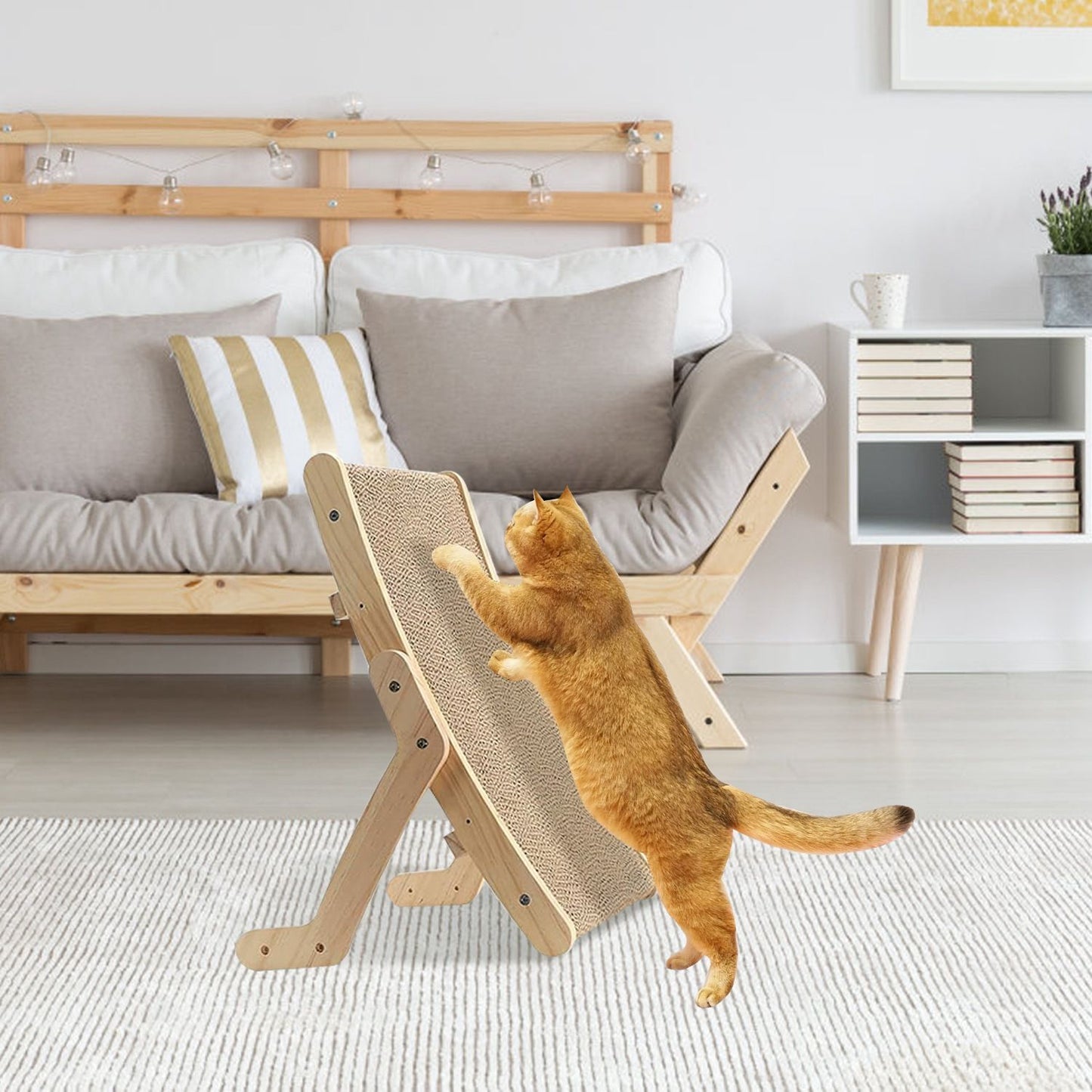 Orange cat stretching on near-vertical wooden scratcher in a living room