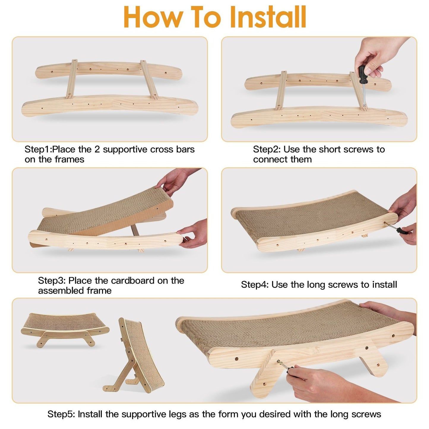 Step-by-step assembly images showing cross bars, screws, cardboard pad and supportive legs