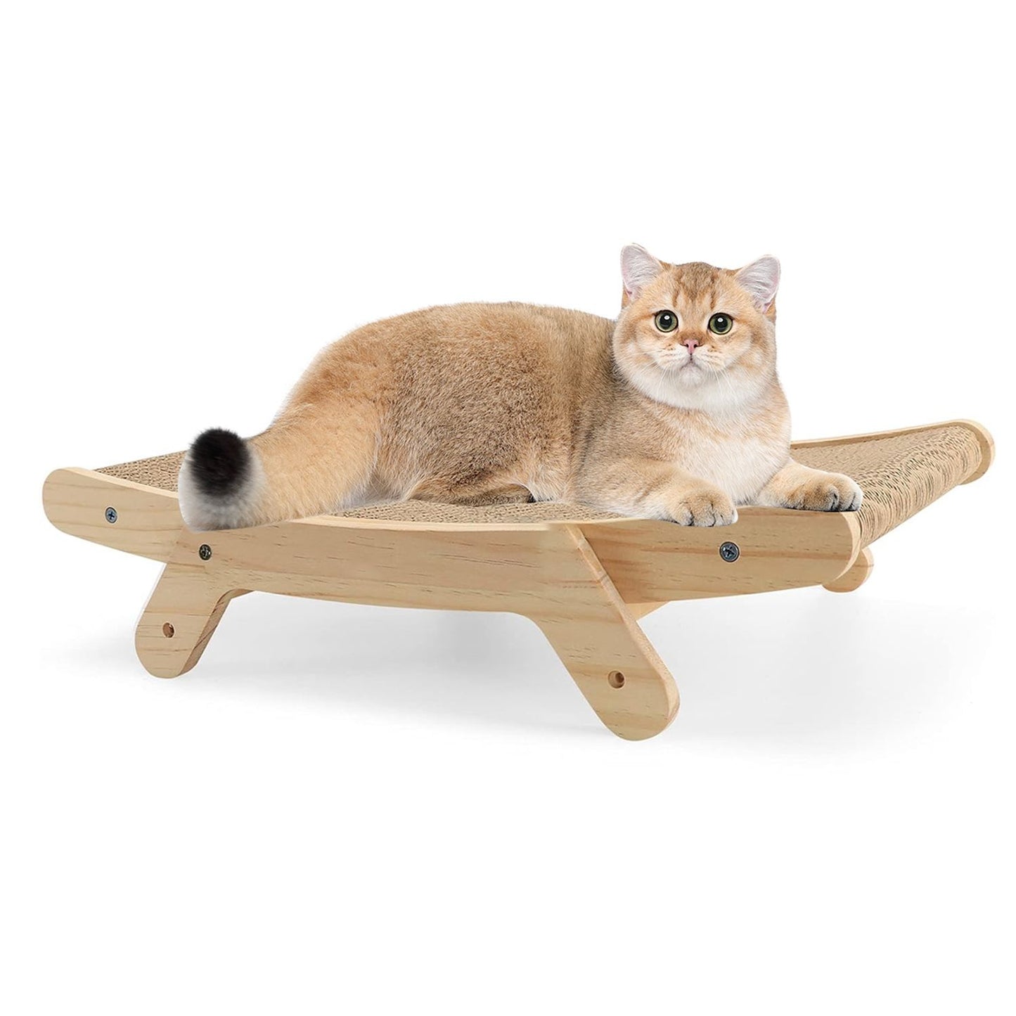 Cat lying on horizontal wooden scratcher showing corrugated cardboard pad and natural wood frame