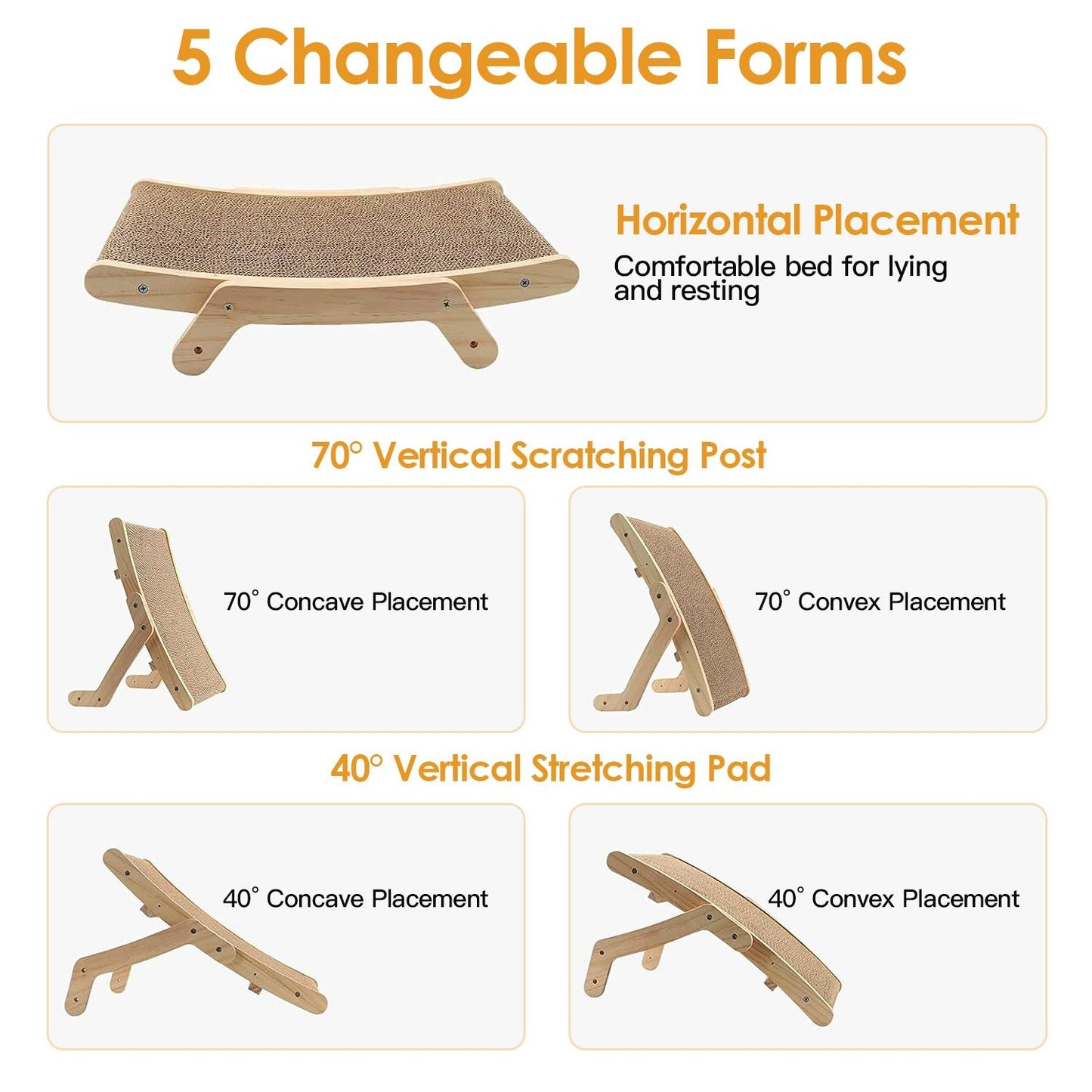 Five possible forms of the wooden cat scratcher in horizontal and angled setups