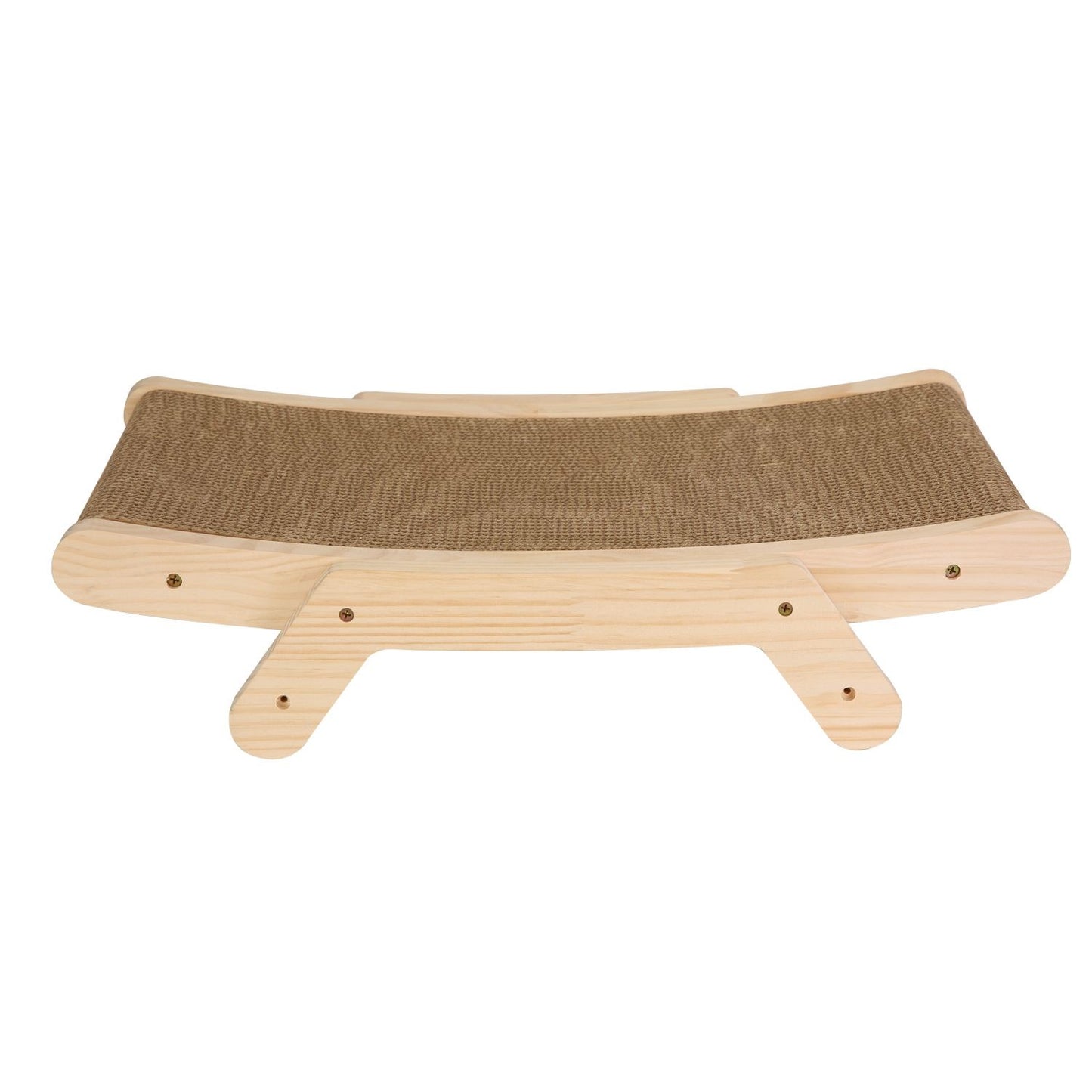 Studio shot of curved wooden cat scratcher with corrugated cardboard pad and visible support legs