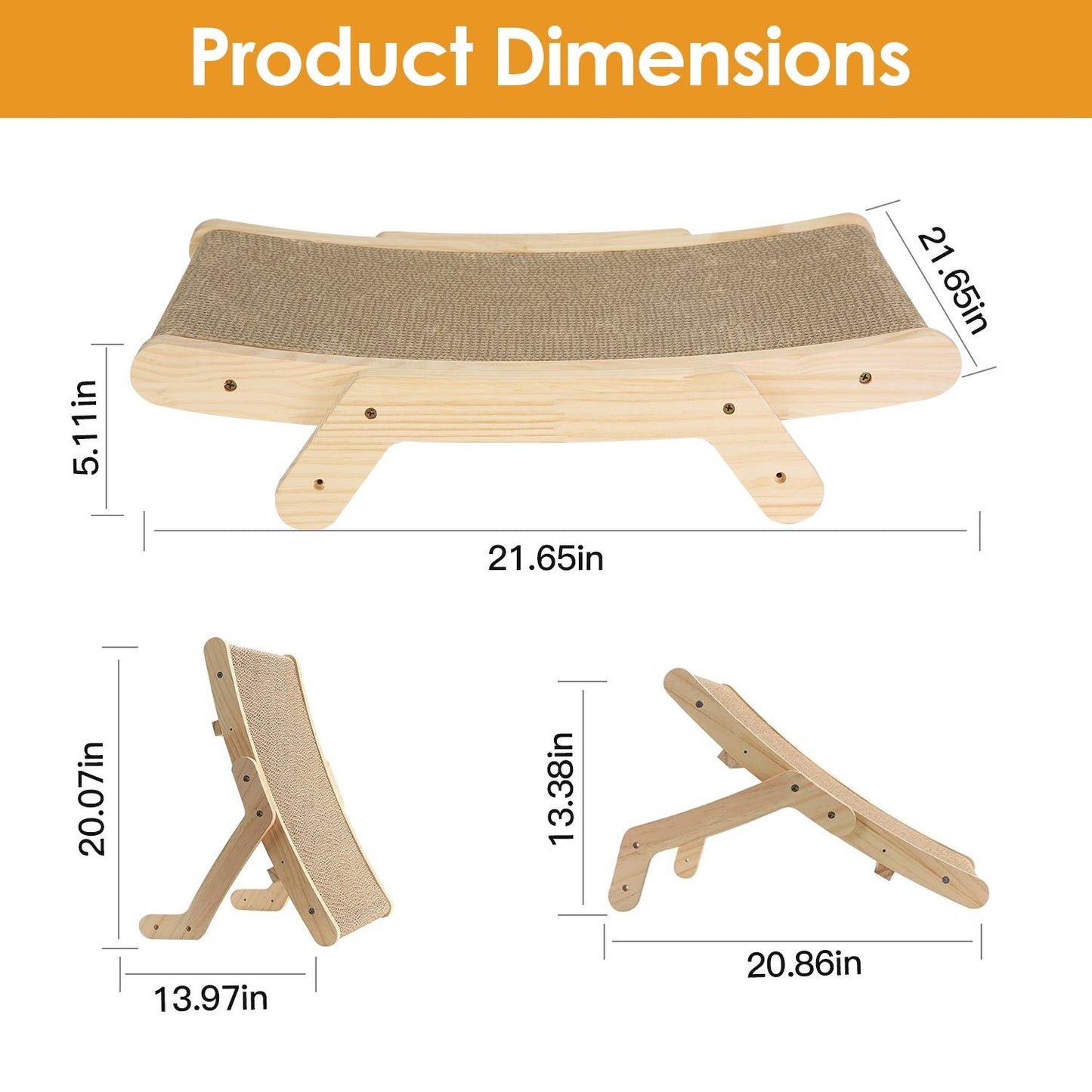 Dimension diagram for assembled cat scratcher with measurements in inches for each form