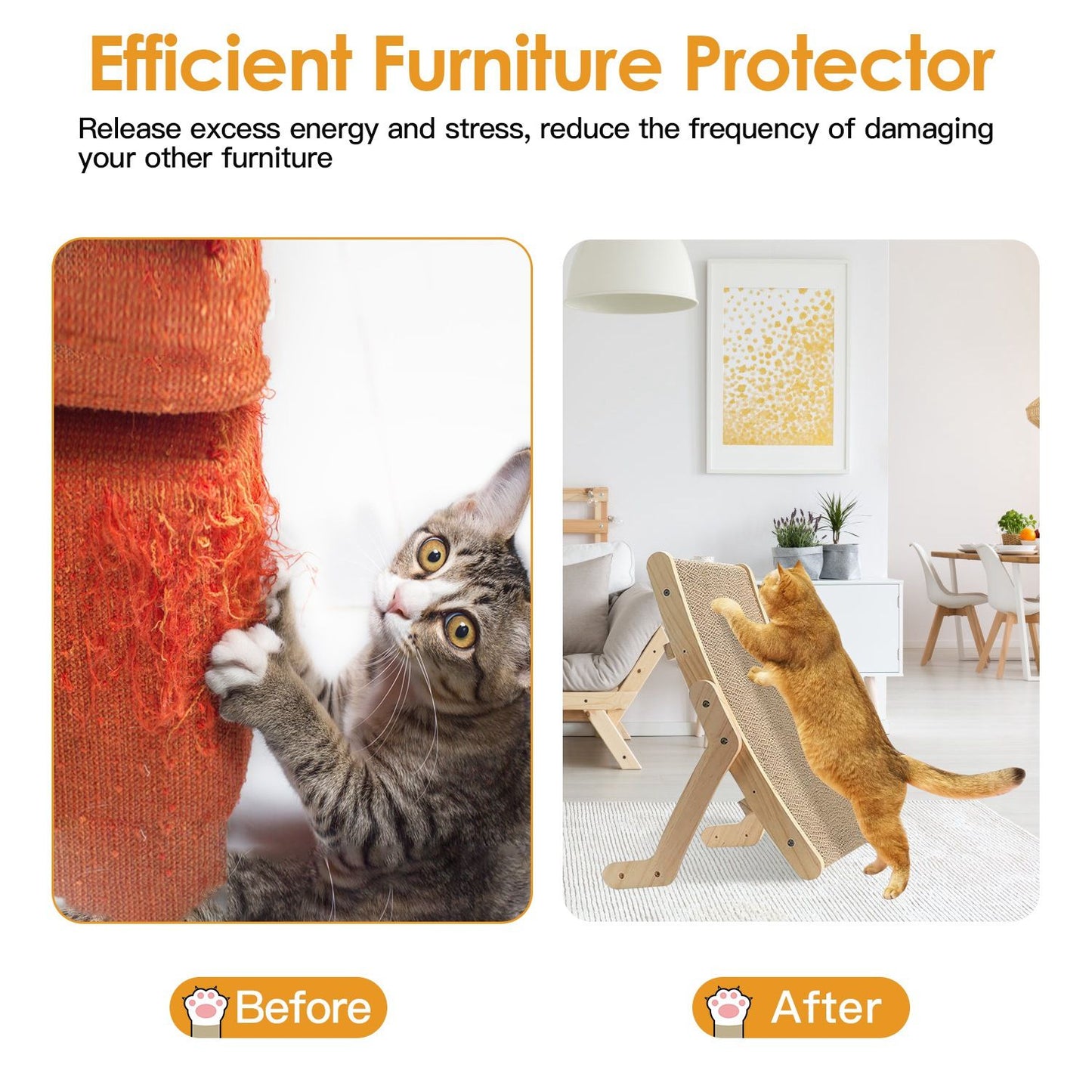 Before/after montage showing furniture damage and cat using vertical wooden scratcher