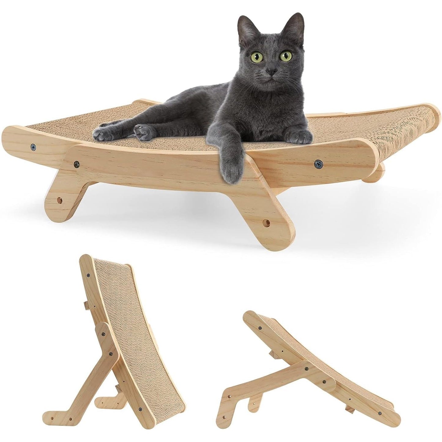 Curved wooden cat scratcher with double-sided cardboard and cat lying on top
