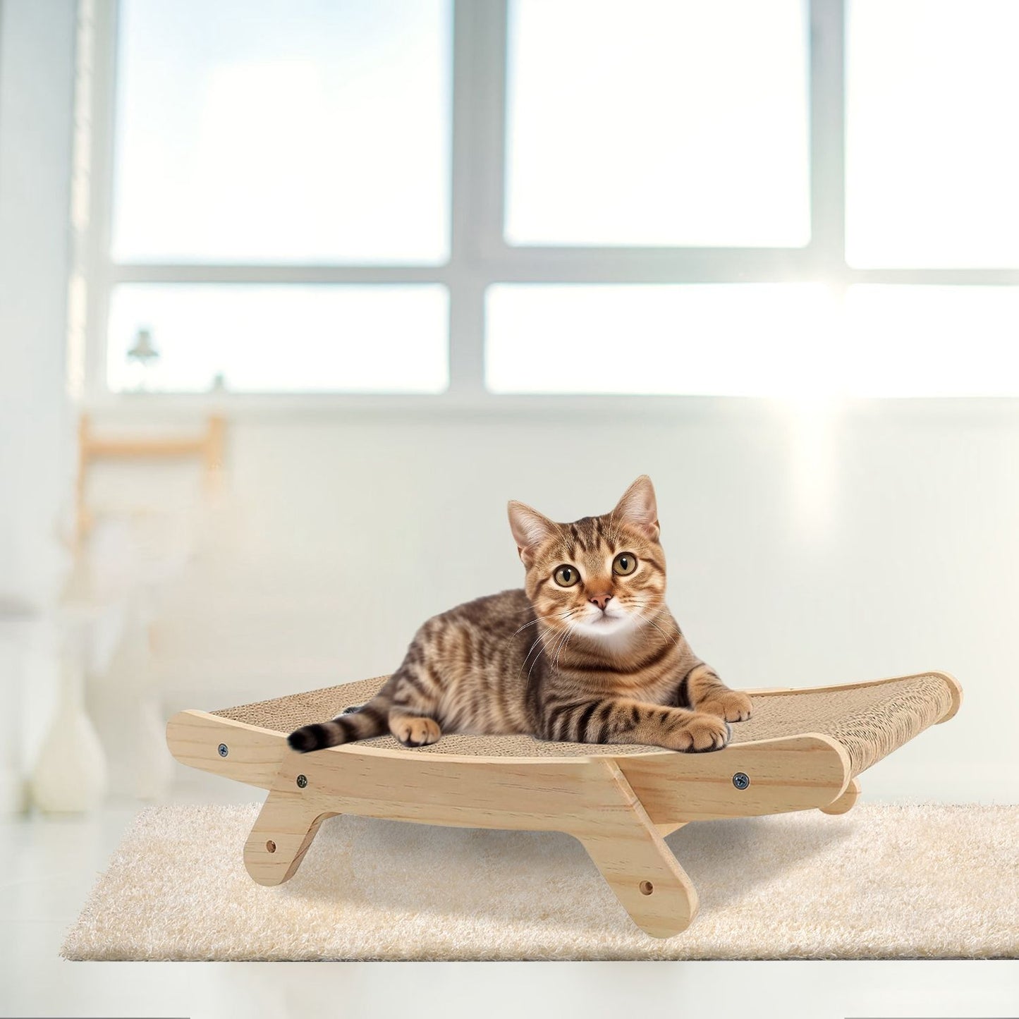 Tabby cat resting on horizontal wooden scratcher on a rug in a bright room