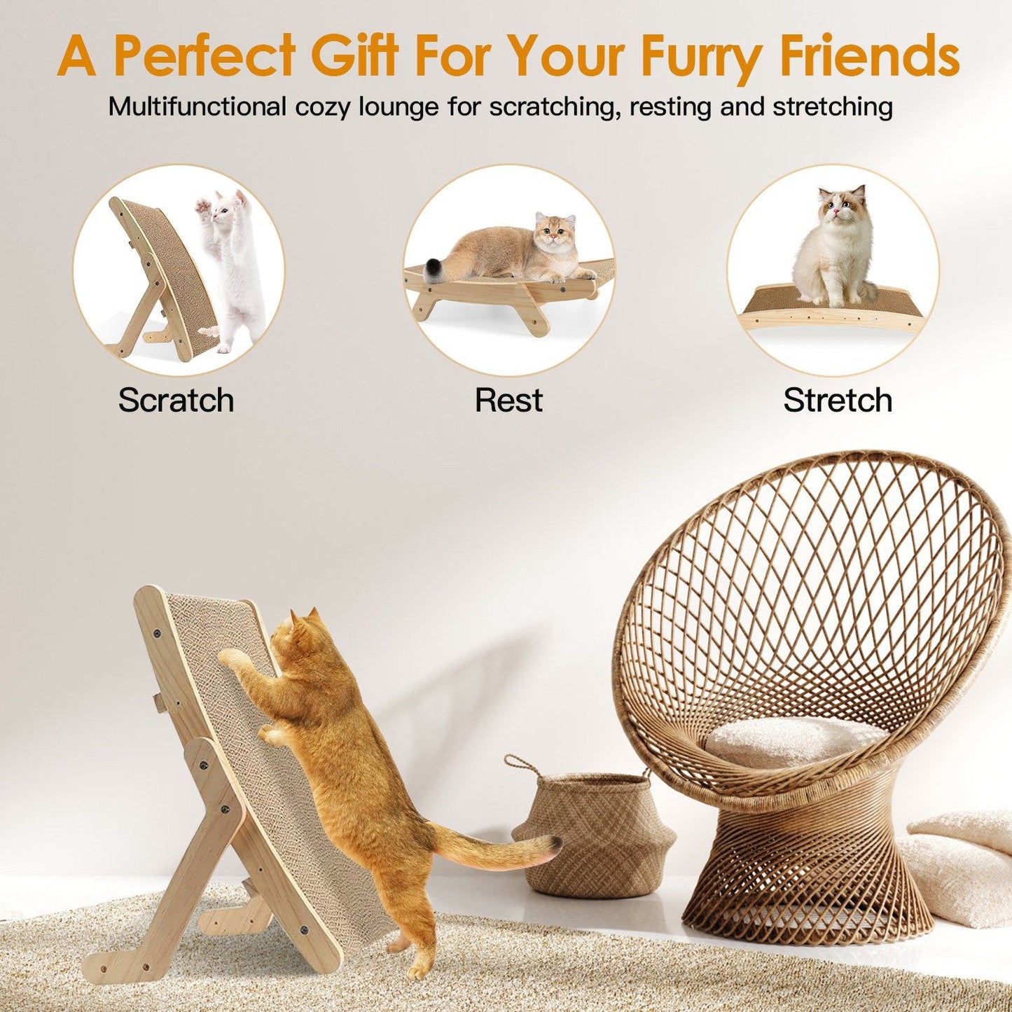 Cat scratcher used for scratch, rest, and stretch in a living room setting