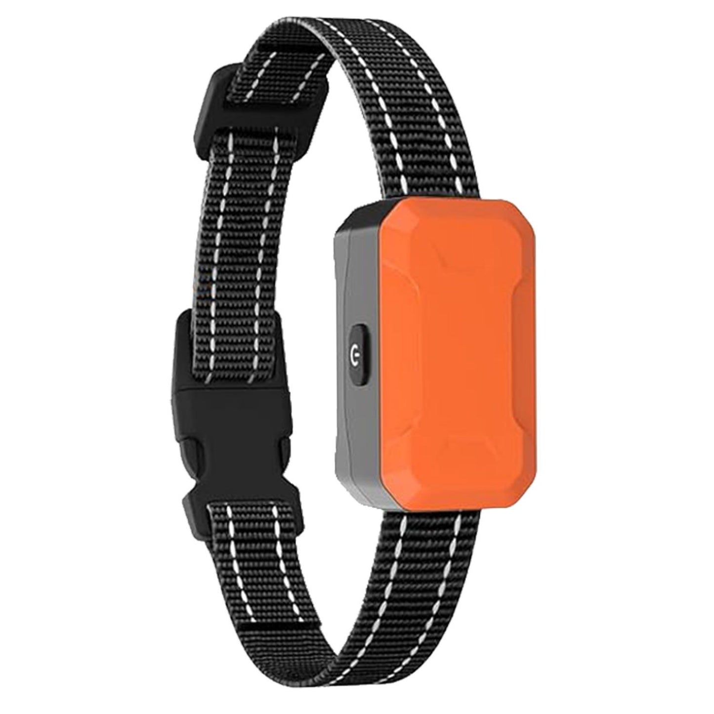 Angled view of orange receiver on black woven reflective collar with power button and quick-release buckle