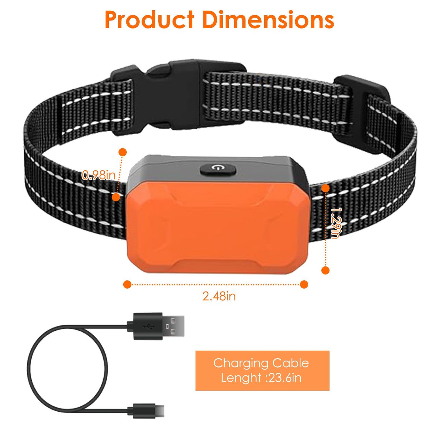 Receiver on collar with product dimensions and included Type-C charging cable illustrated