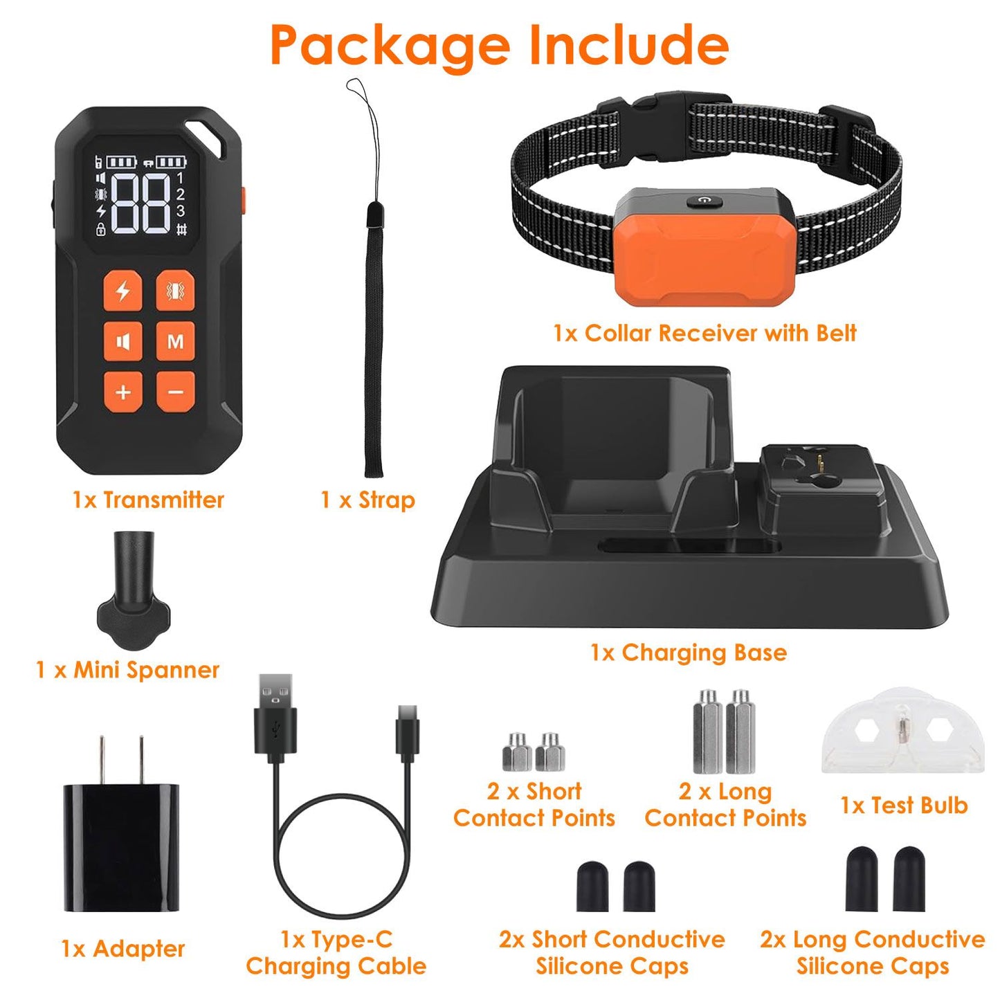 Package contents laid out: transmitter, receiver collar with belt, charging base, cable, adapter and spare parts