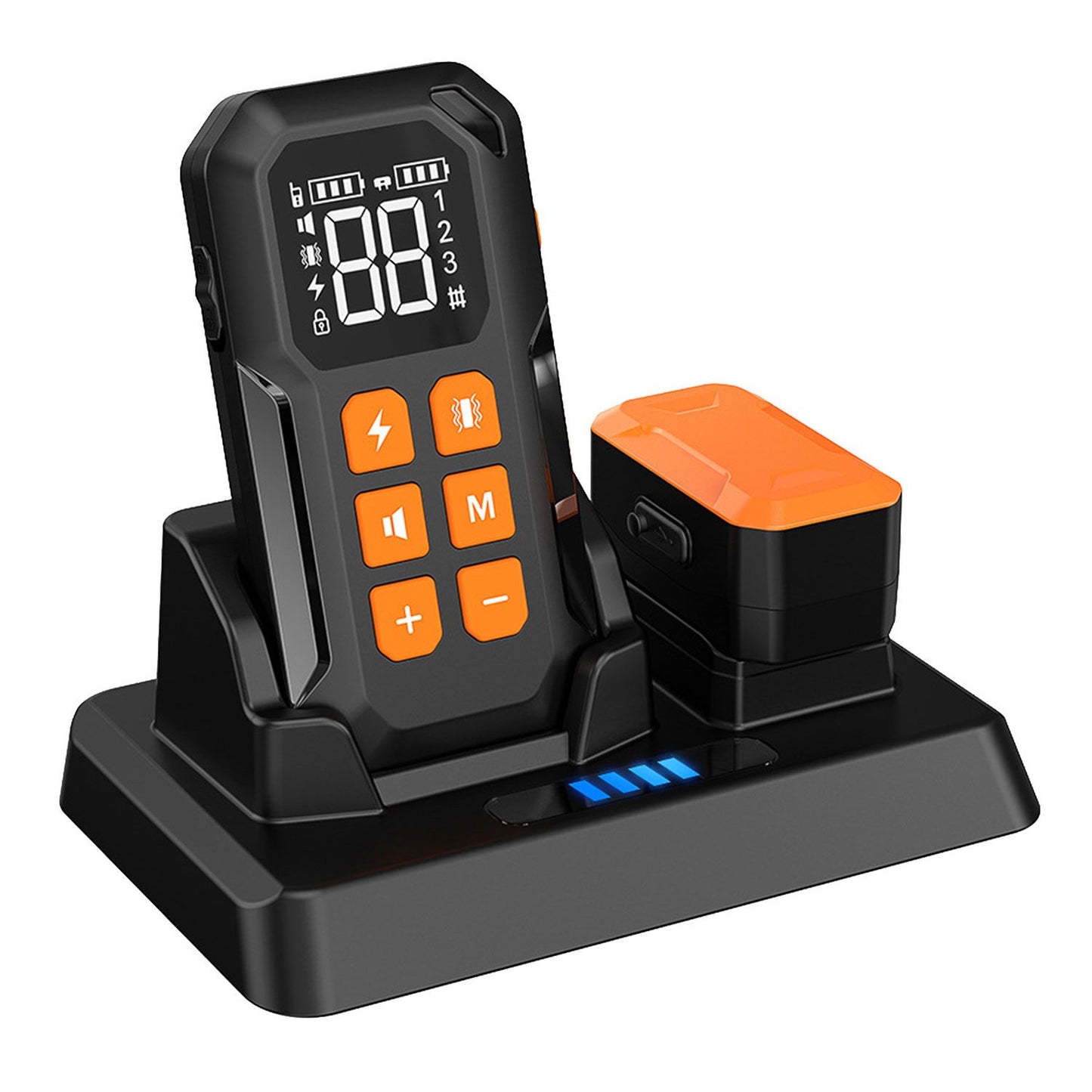 Transmitter docked in charging base with receiver beside it and blue LED charge indicators visible