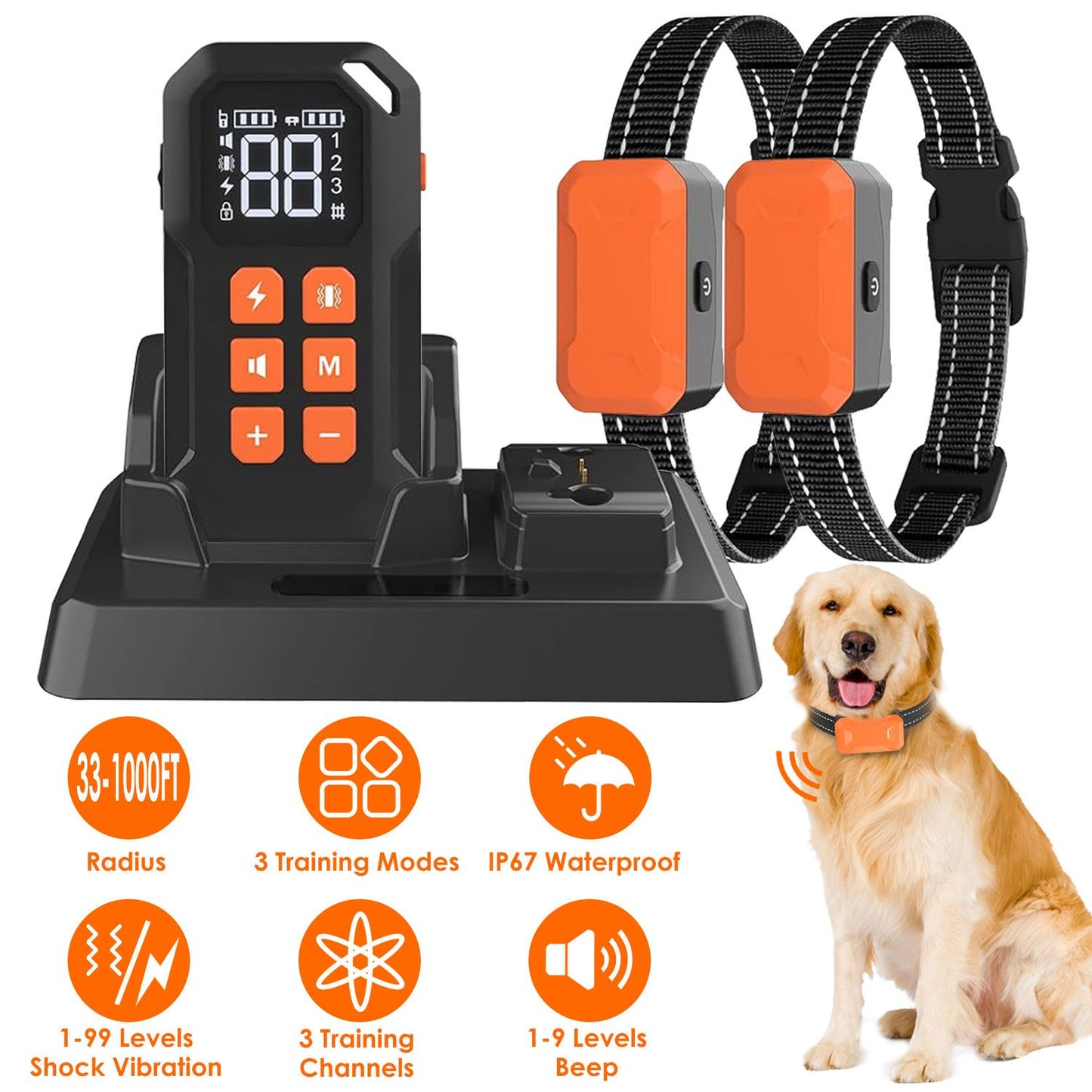 Transmitter with dual orange receiver collars on charging base with feature icons for range, modes and waterproofing