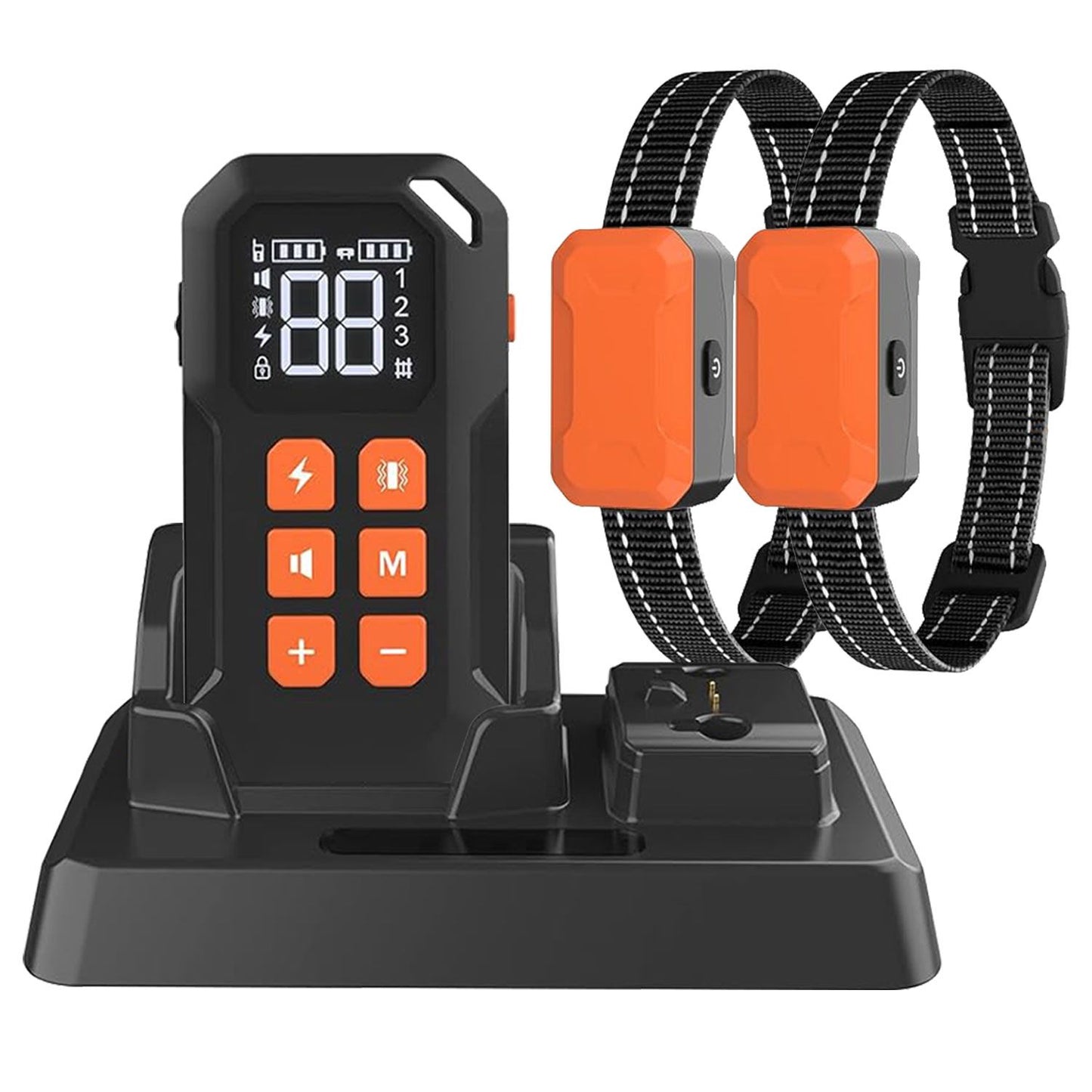 Transmitter in base with two orange receivers behind it, showing battery and channel indicators and molded charging slots
