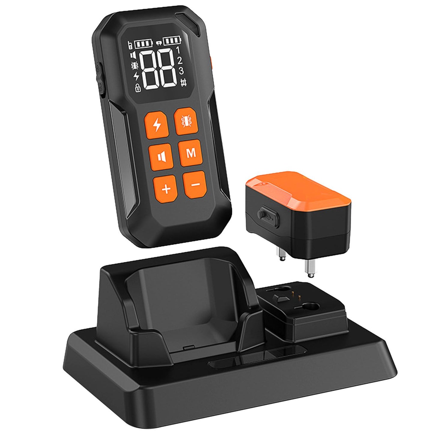 Remote in cradle with orange receiver on charging pad showing two-pin connector and orange control buttons