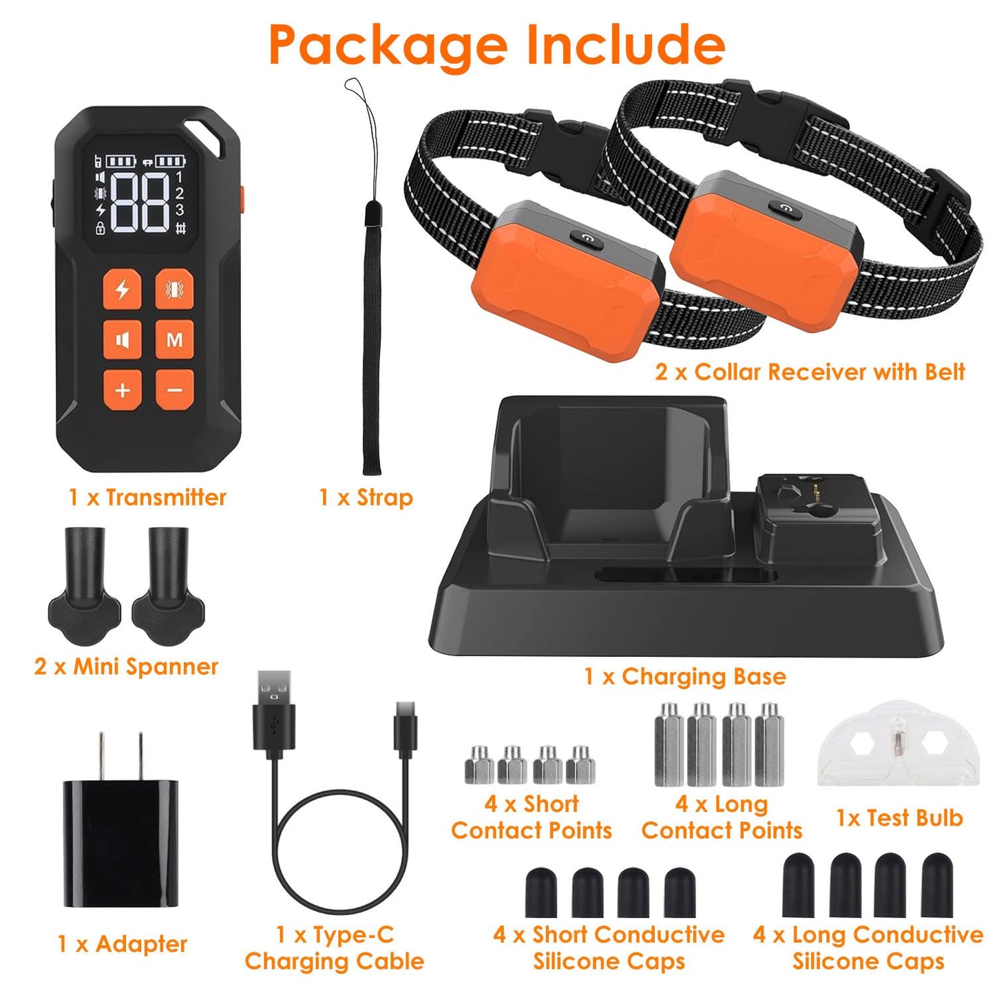 Handheld transmitter used to control a running dog, illustrating beep, vibration and shock training modes