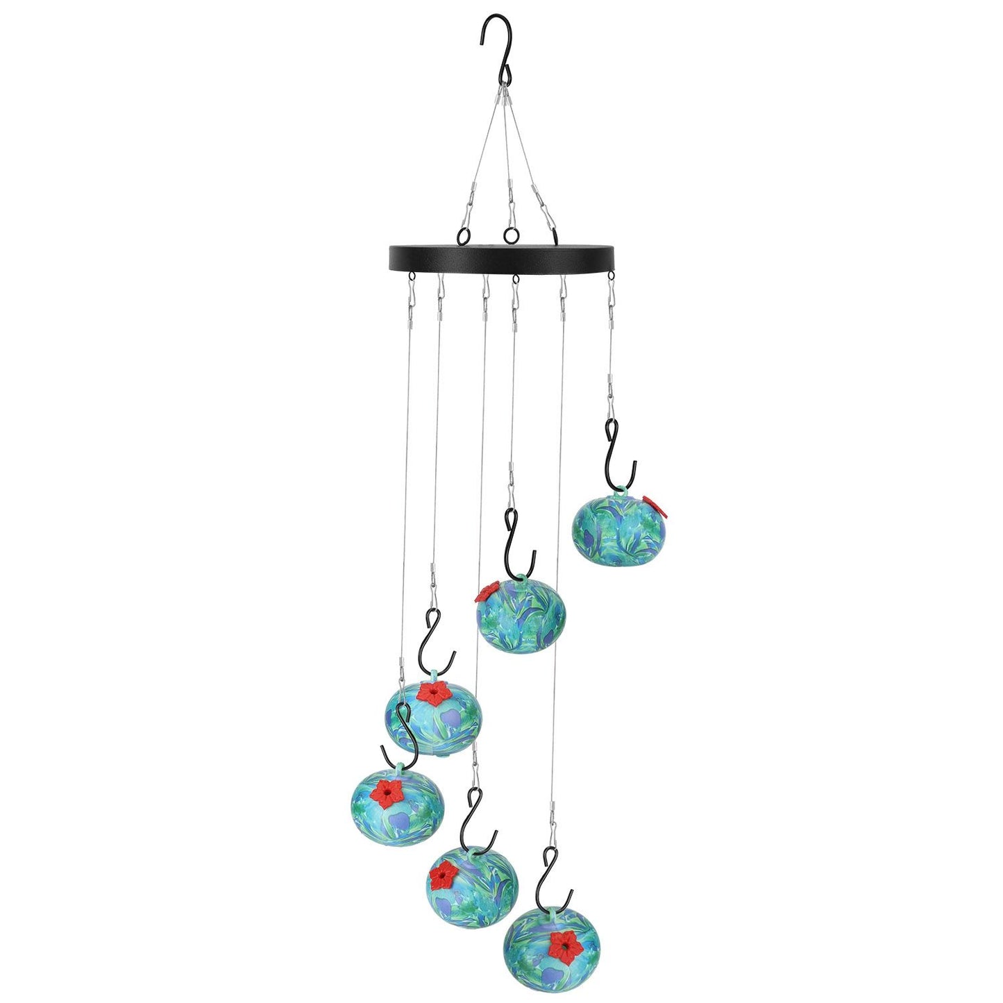 isolated studio view of wind-chime feeder showing six marbled feeder balls and black top ring