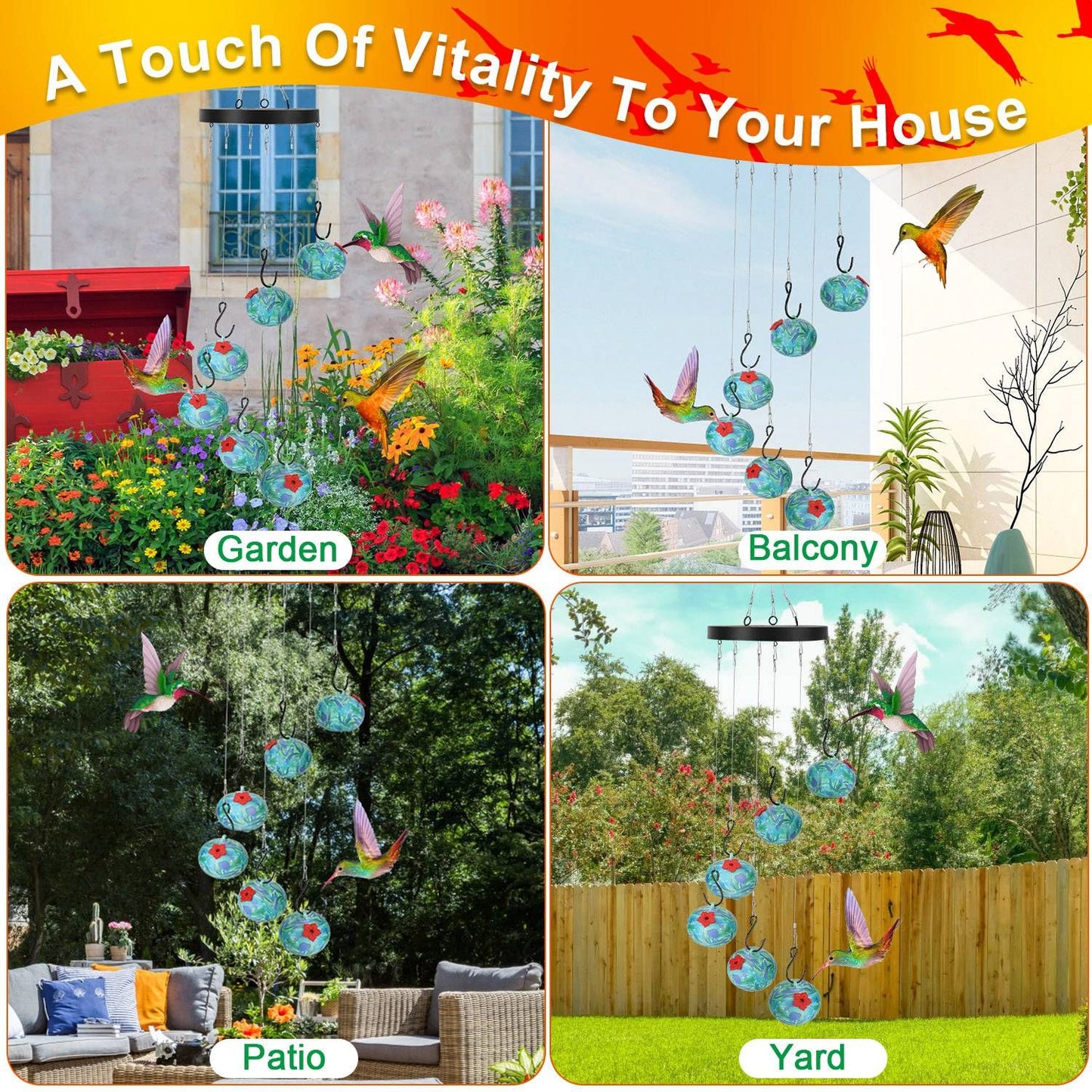 four outdoor examples showing feeder hung in garden, balcony, patio, and yard