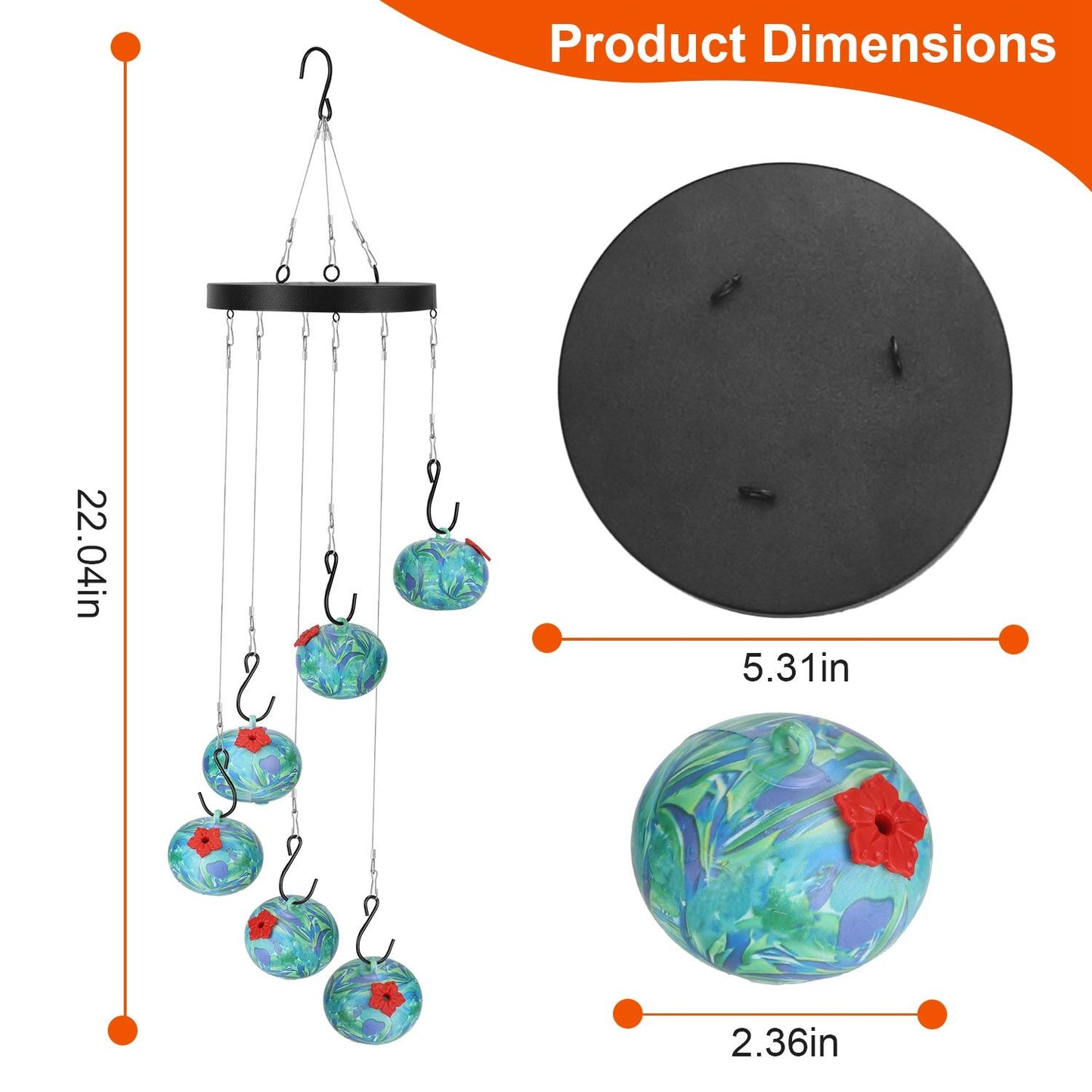 diagram showing assembled height 22.04 in, base 5.31 in diameter, and feeder ball 2.36 in