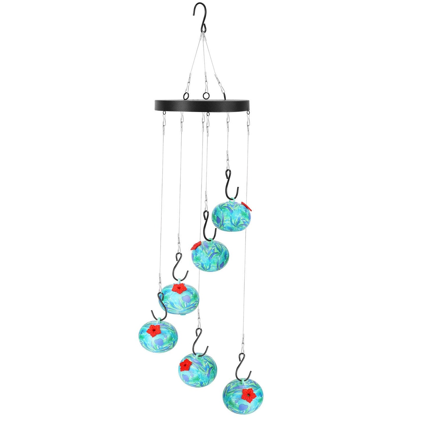 studio angle of hanging feeder highlighting red flower ports and varying-length cables