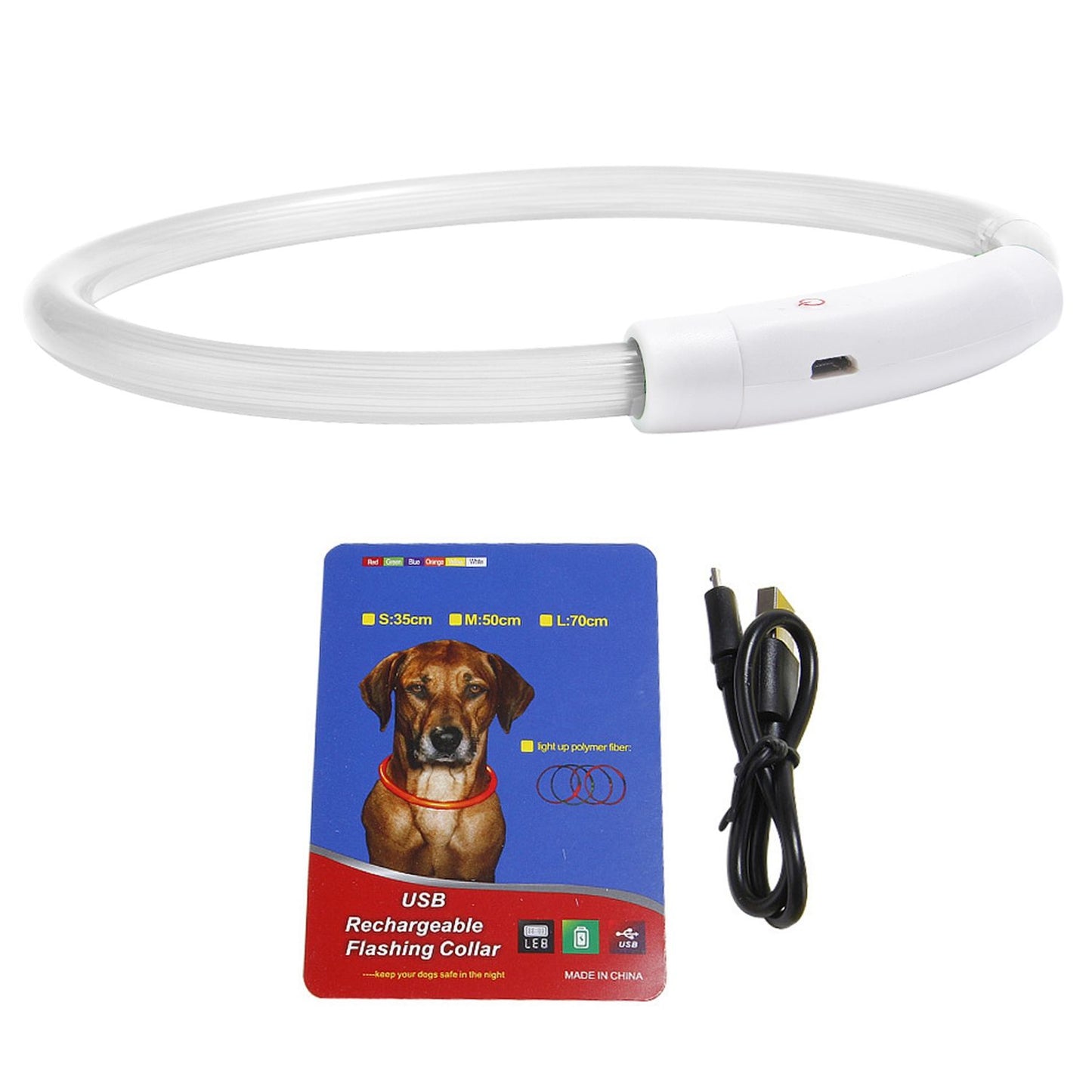 angled view of translucent white LED collar showing charging port housing and included USB cable