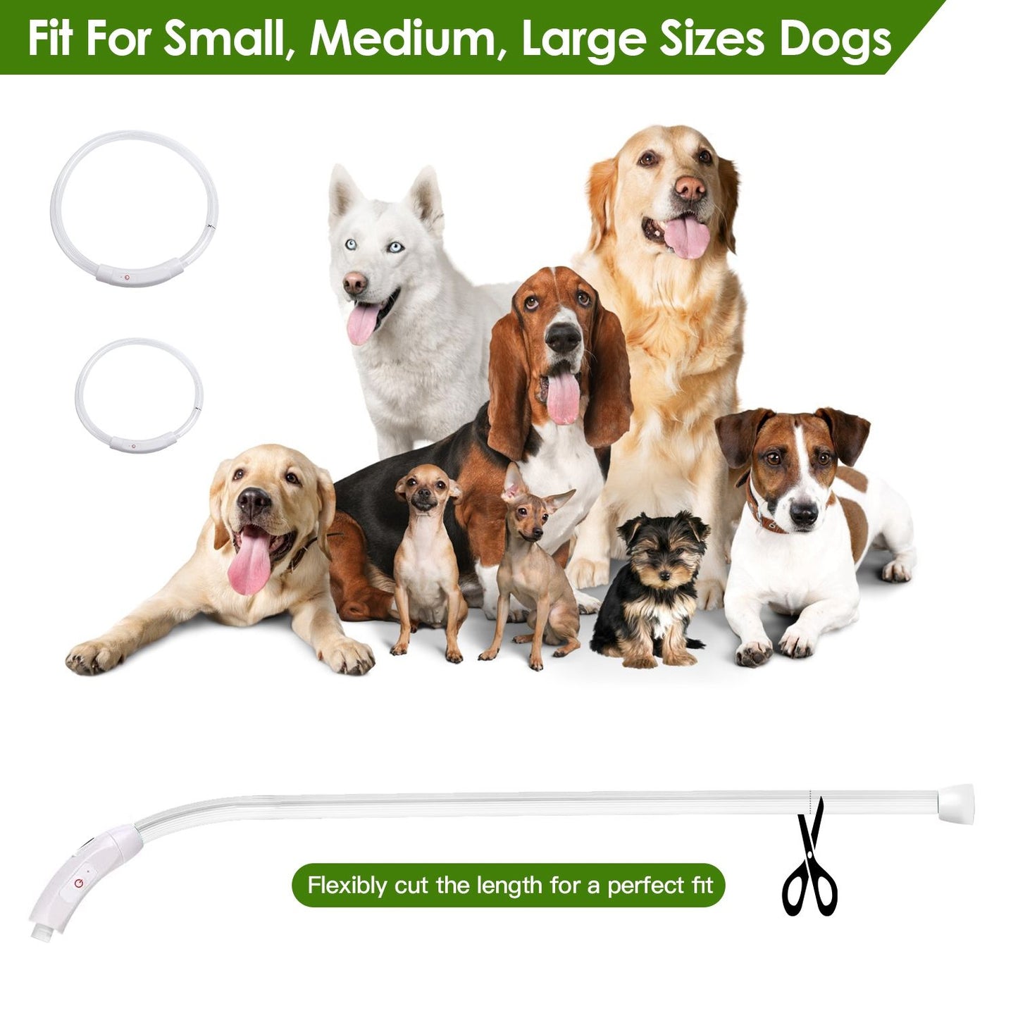 collar length options displayed with group of dog breeds and cuttable collar graphic