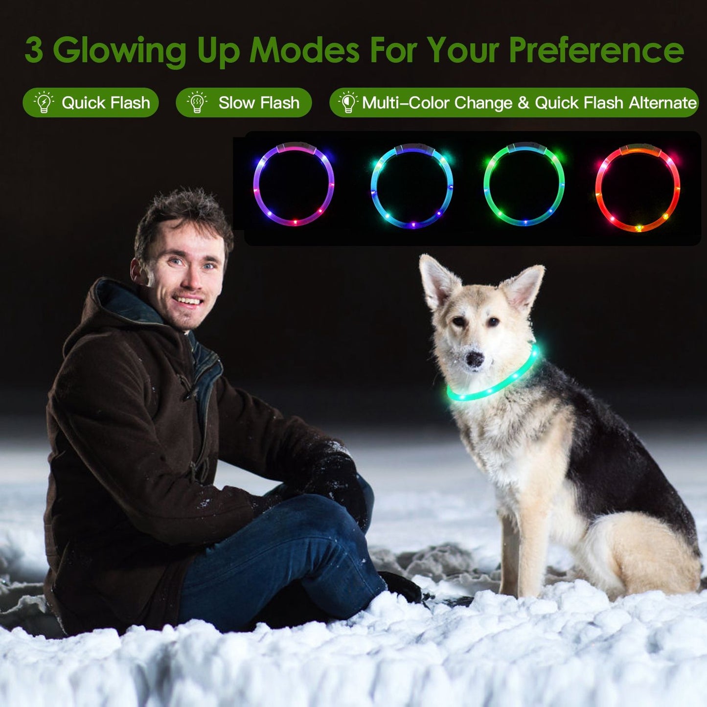 person and dog in snow at night with glowing multi-color LED collar demonstrating lighting modes