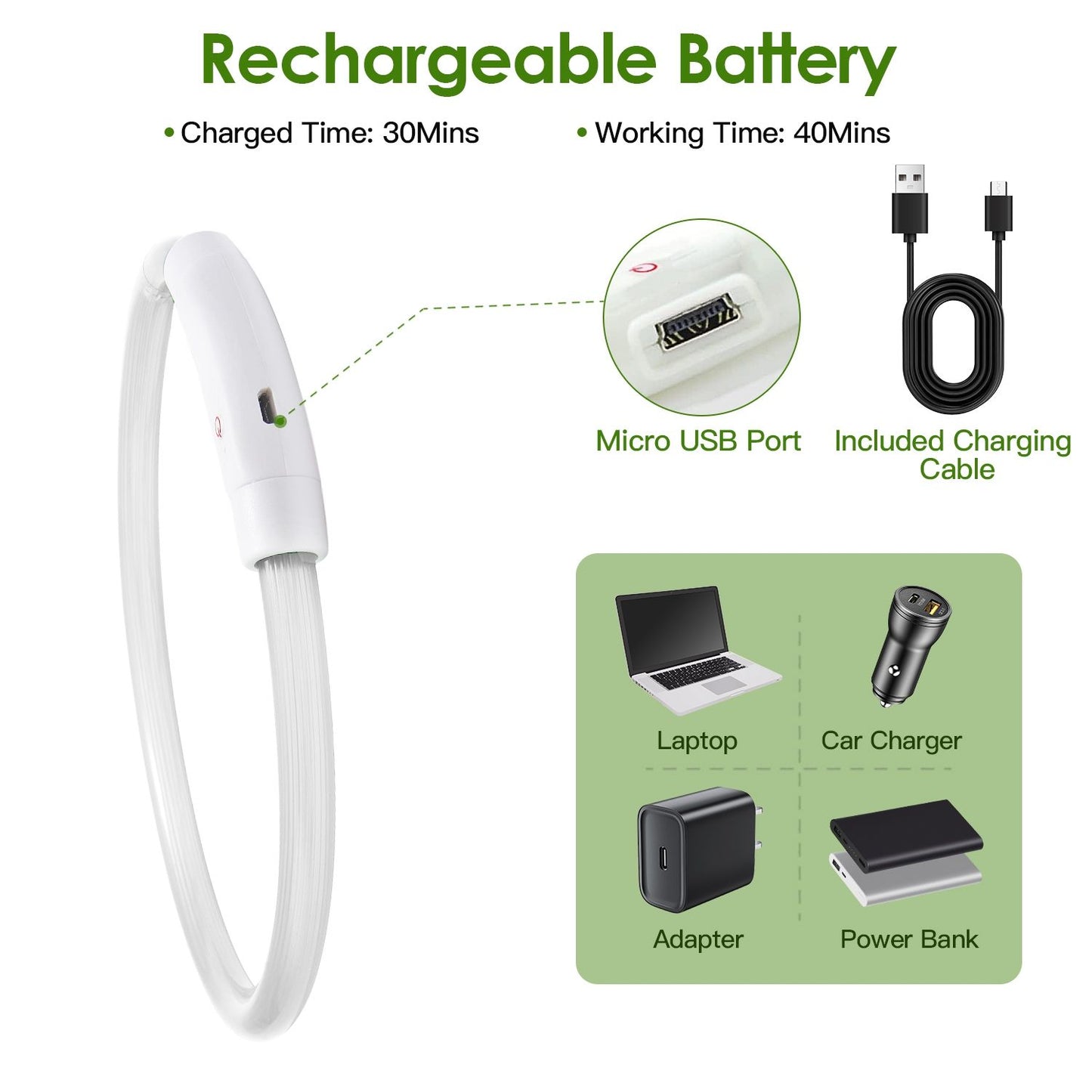 collar close-up with micro USB port and charging cable showing rechargeable battery compatibility