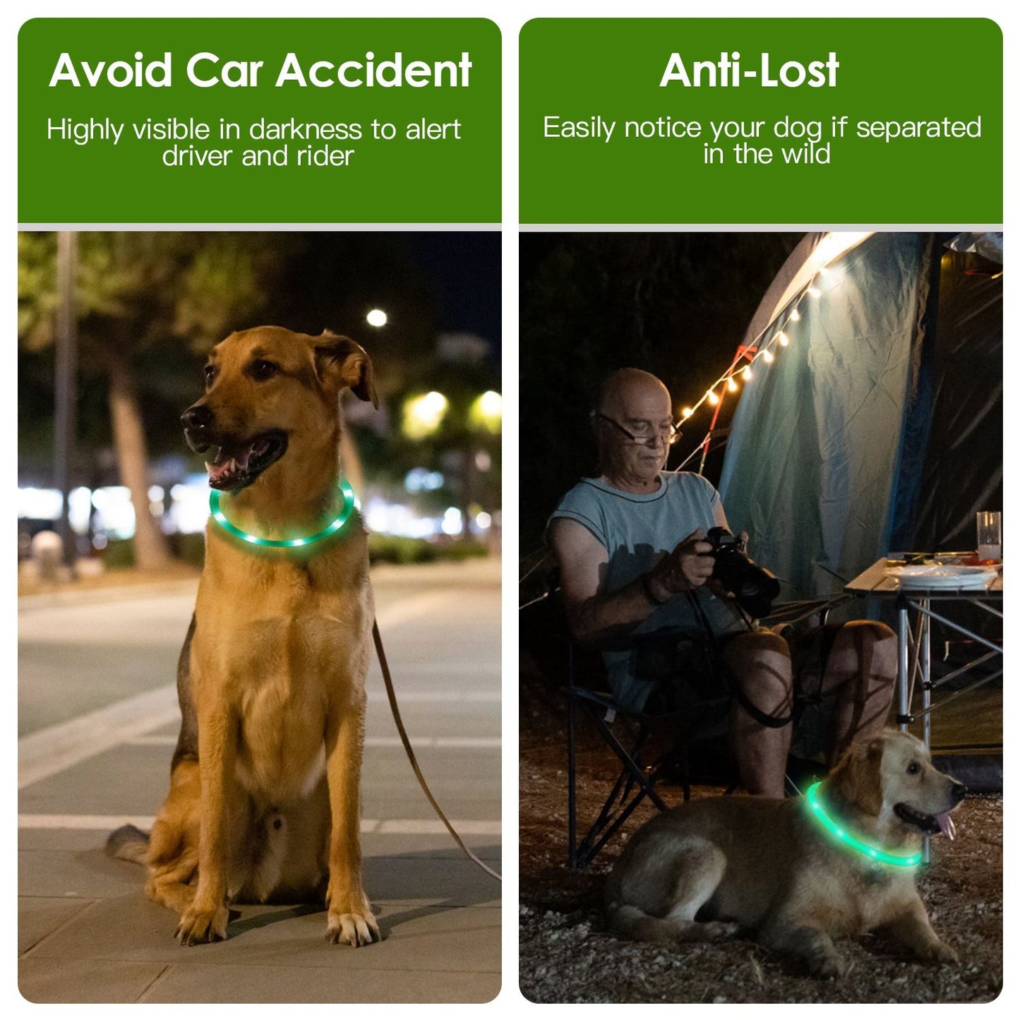 two-panel safety images showing collar visibility in city streets and camping to prevent accidents and loss
