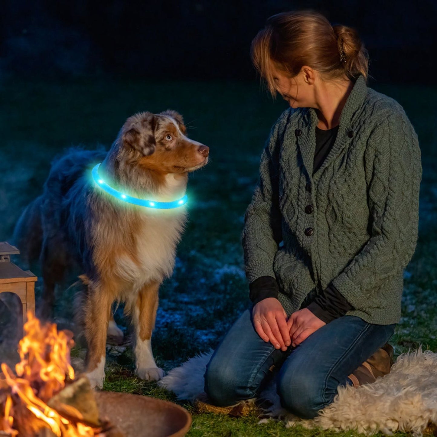 person by campfire with dog wearing illuminated collar demonstrating camp visibility at night