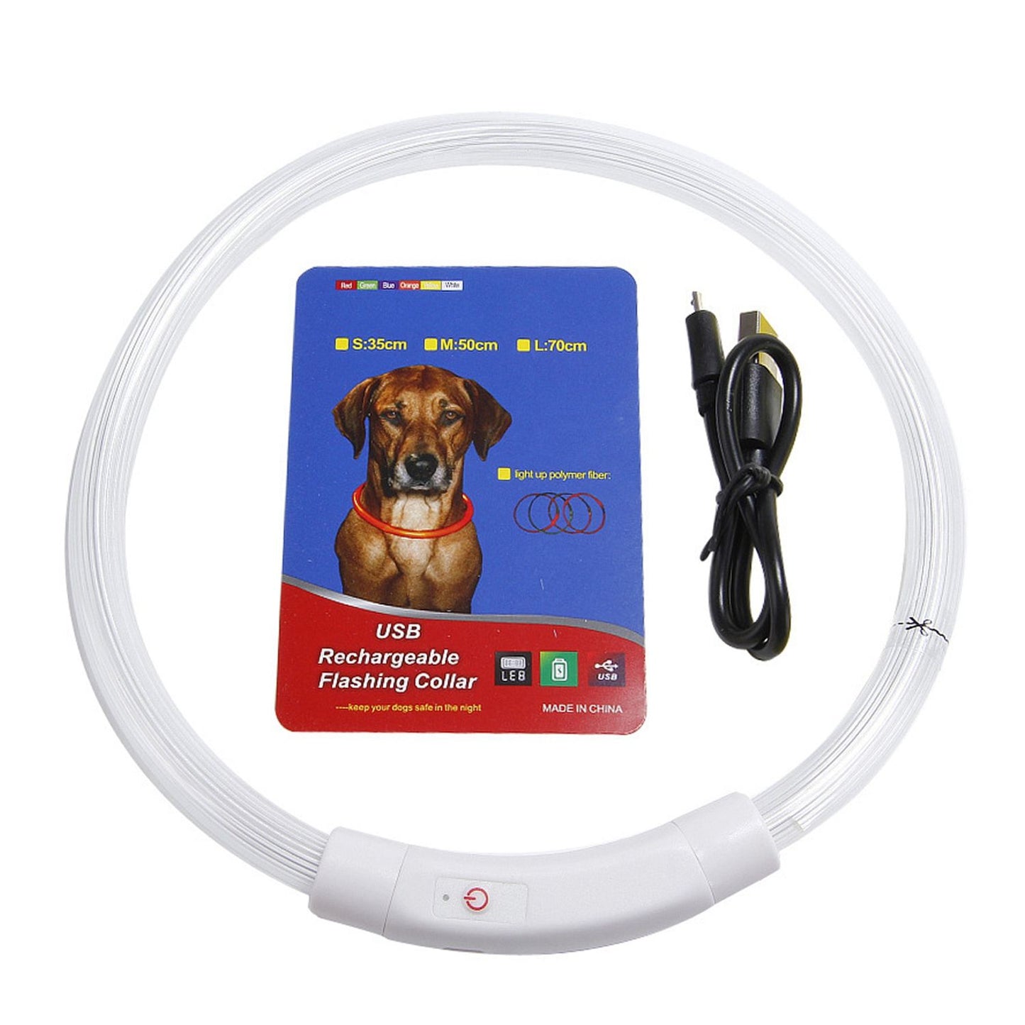 top-down view of circular LED collar with USB cable and product card inside showing power button
