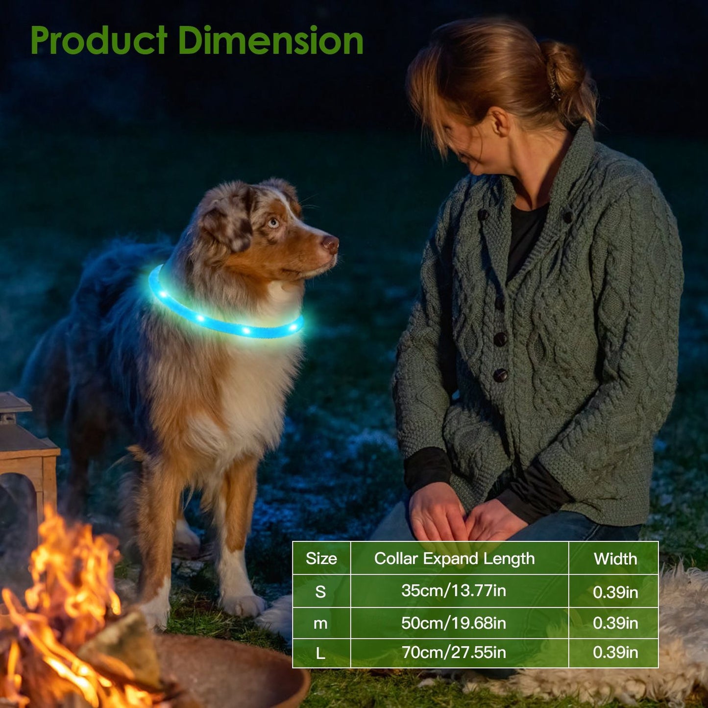 S-shaped coiled LED collar with visible control button and micro USB port shown next to cable and card