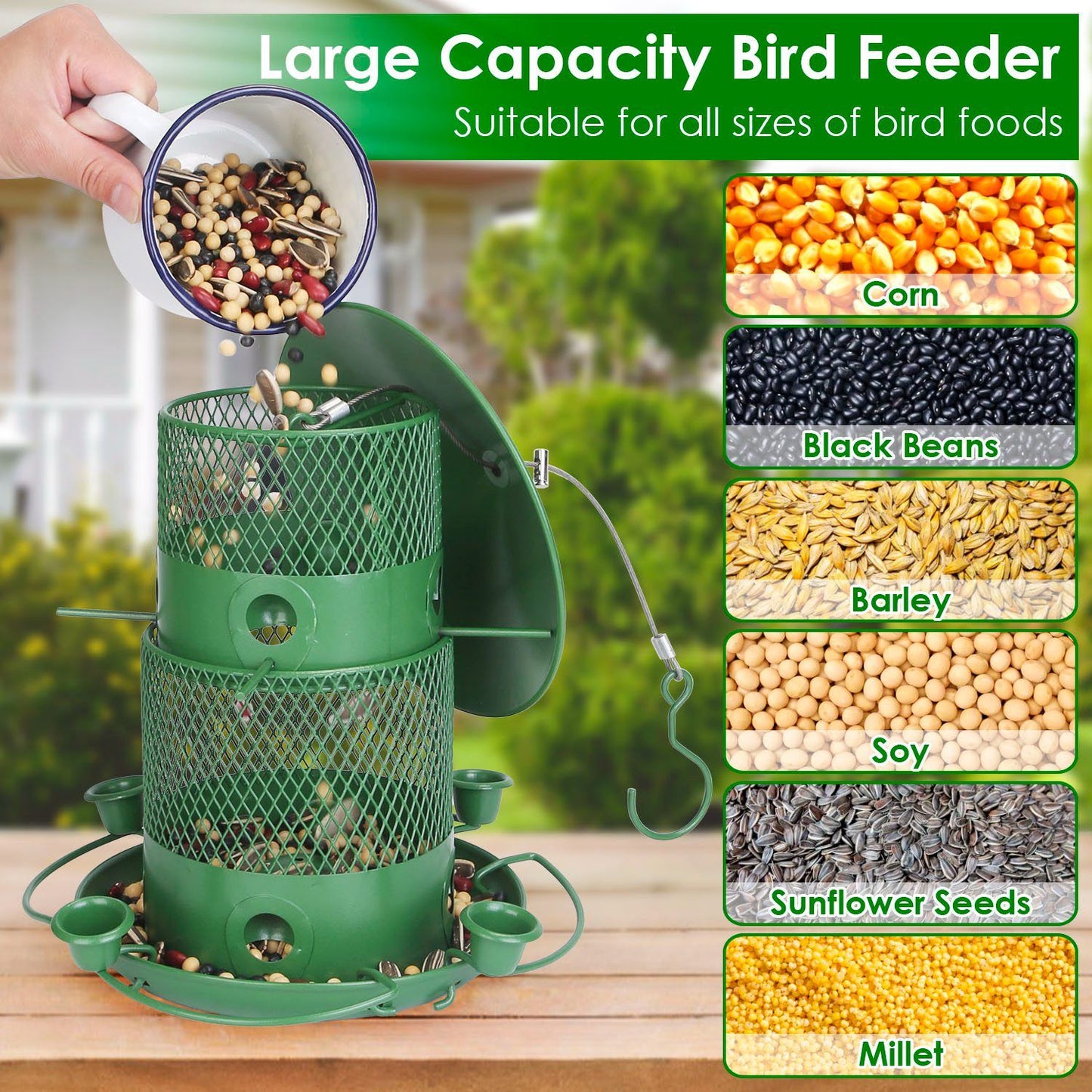 Bird feeder being filled with mixed seeds showing seed types and large capacity