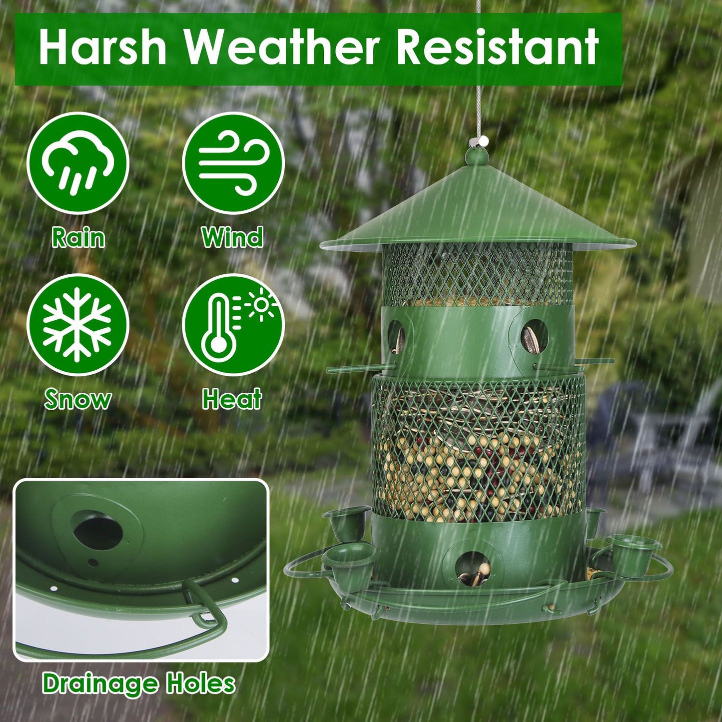 Green metal bird feeder shown in rain with drainage holes, demonstrating weather-resistant design