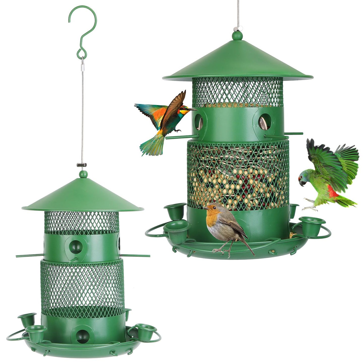 Two green feeders on white background, one filled to show mesh seed reservoir and base perches and cups