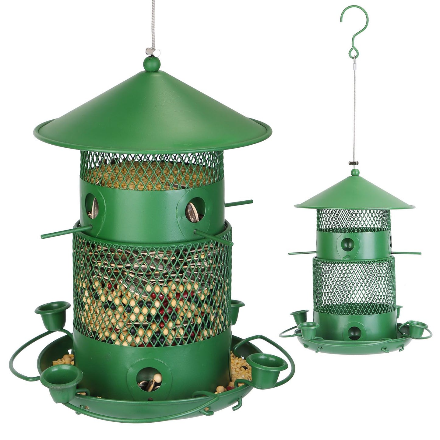Close-up view of green metal hanging feeder showing mesh tube, feeding holes, perches and drainage tray