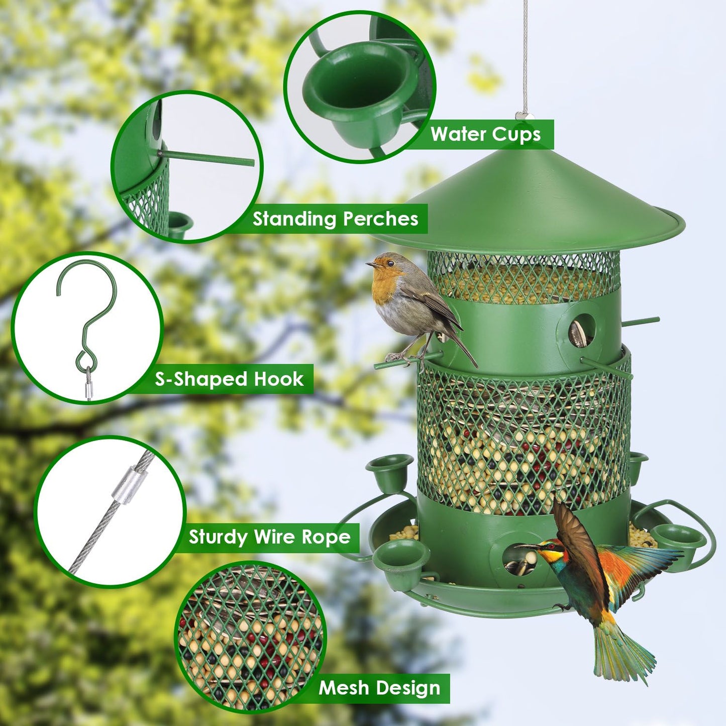 Closeup callouts of feeder parts: water cups, perches, S-hook, wire rope and mesh body