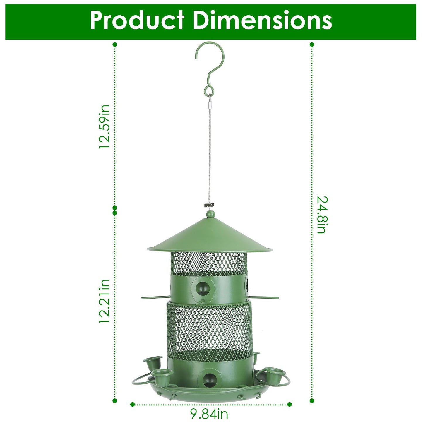 Diagram-style image of feeder with measured height 24.8 in and 9.84 in diameter