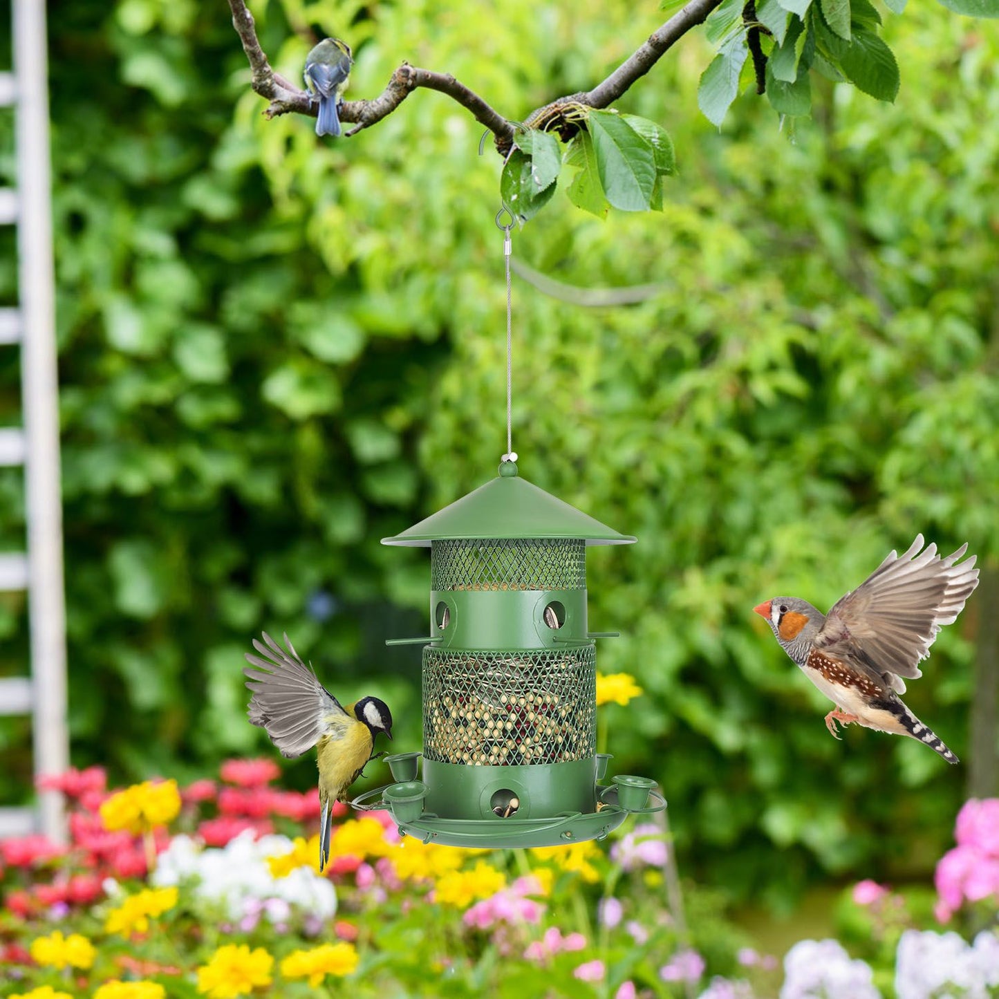 Green hanging bird feeder in backyard garden with birds perched and flowers below