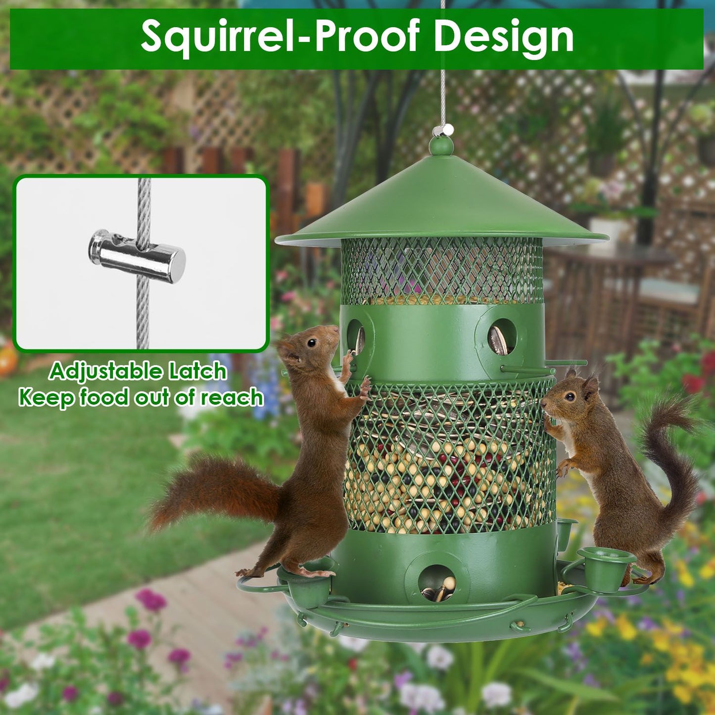 Squirrel-proof hanging feeder with adjustable latch, mesh seed cage and raised perches to deter squirrels