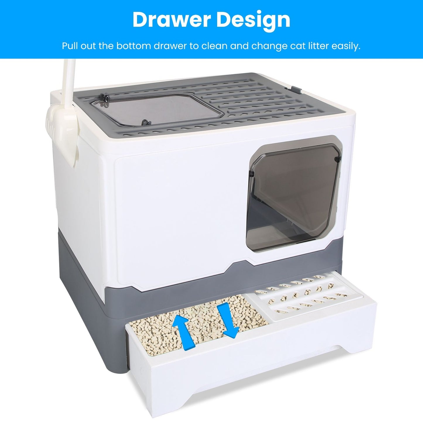 Pull-out bottom litter drawer with dual textured compartments and anti-tracking grate for easy cleaning