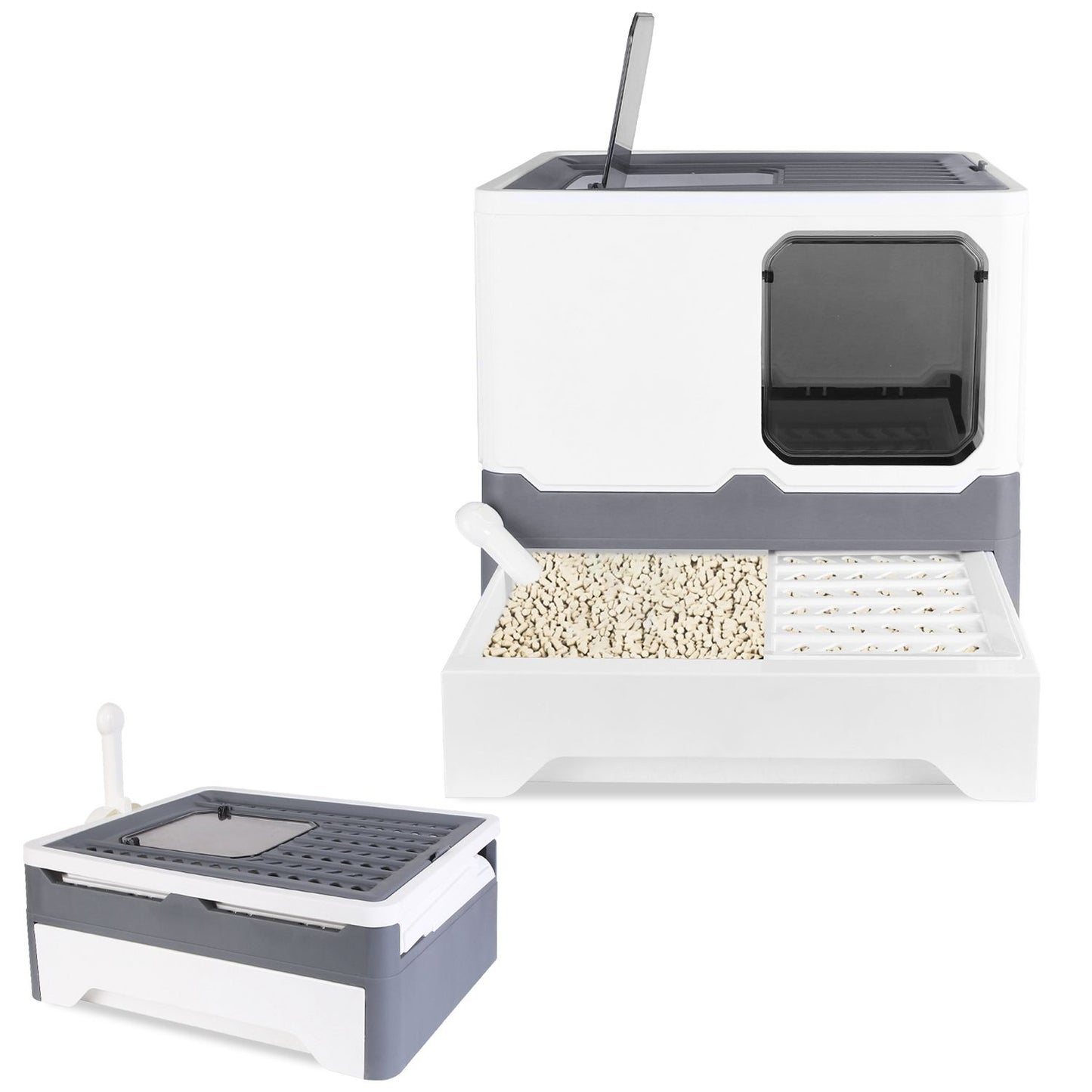 Assembled litter box with drawer open and a folded compact version displayed beside it