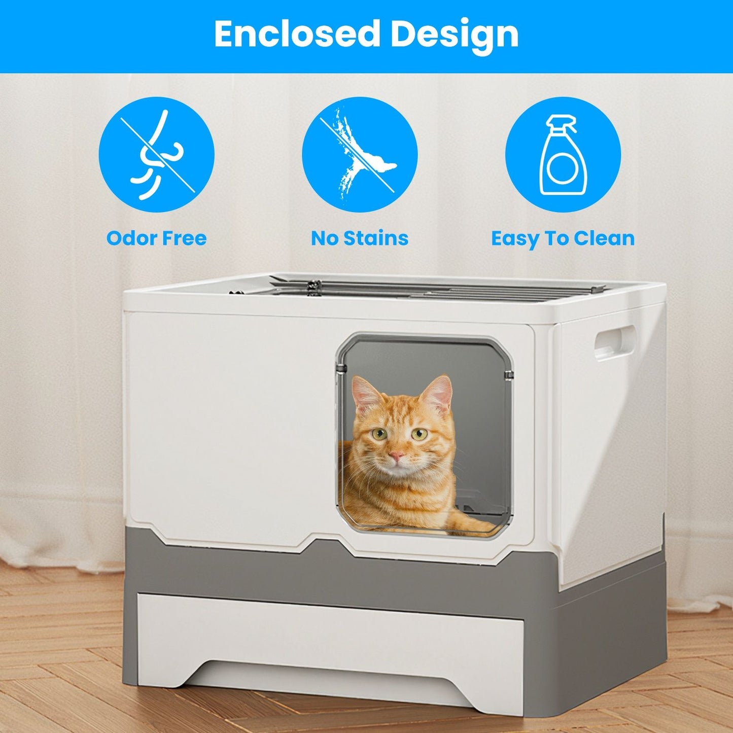 Enclosed white litter box with gray base and cat inside, highlighting odor control and easy cleaning