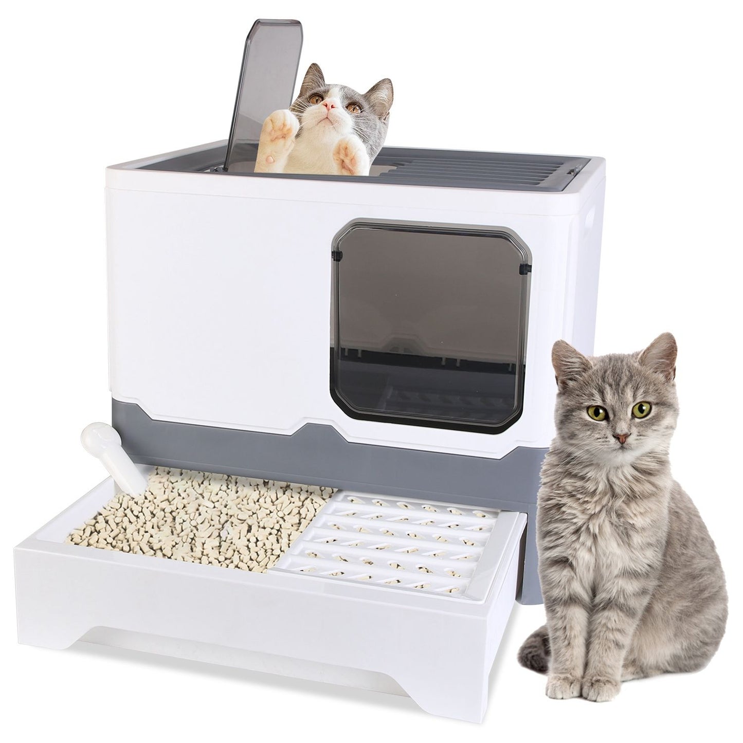 Front-facing enclosed litter box with drawer pulled out showing litter, anti-tracking grate and visible side scoop