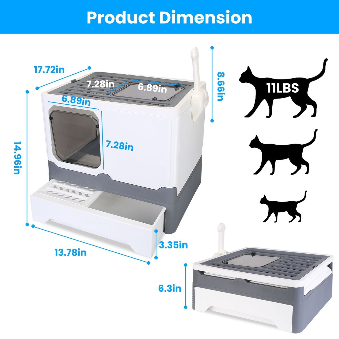 Dimension diagram with measurements in inches and a cat weight limit of 11 lbs for the litter box