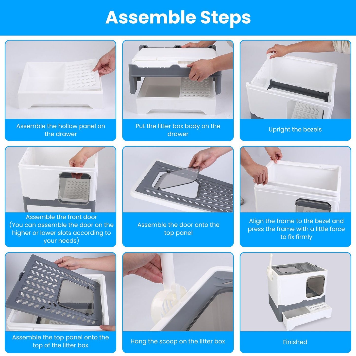 Collage of assembly steps showing how to fit panels, front and top doors, align the frame and hang the scoop