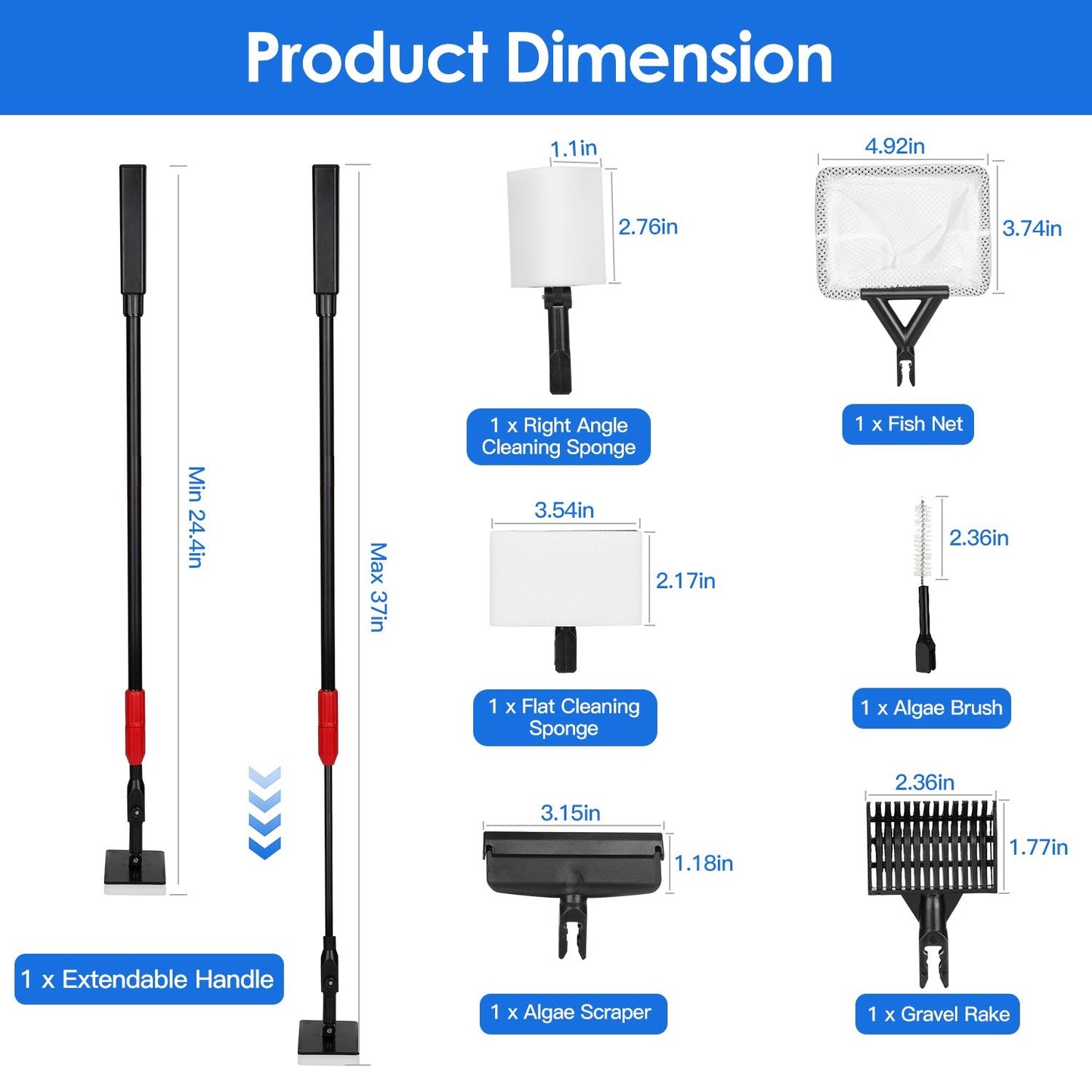 Product dimension diagram showing handle extendable 24.4–37 in and measurements for each cleaning head