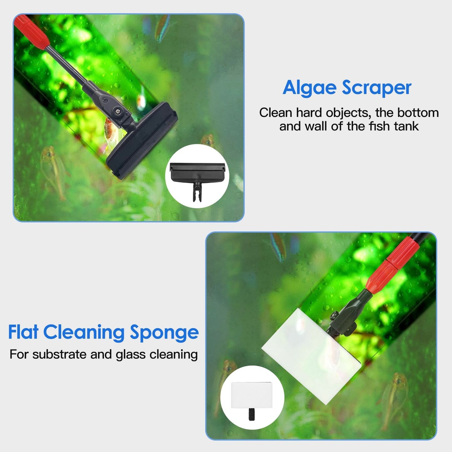 Algae scraper and flat sponge attached to handle cleaning aquarium glass and substrate