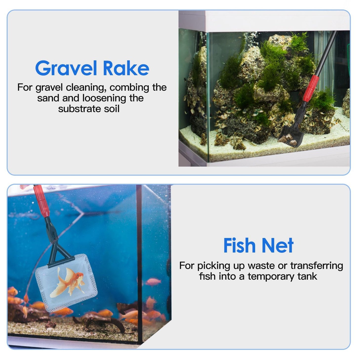 Gravel rake loosens substrate and triangular fish net for scooping or transferring fish
